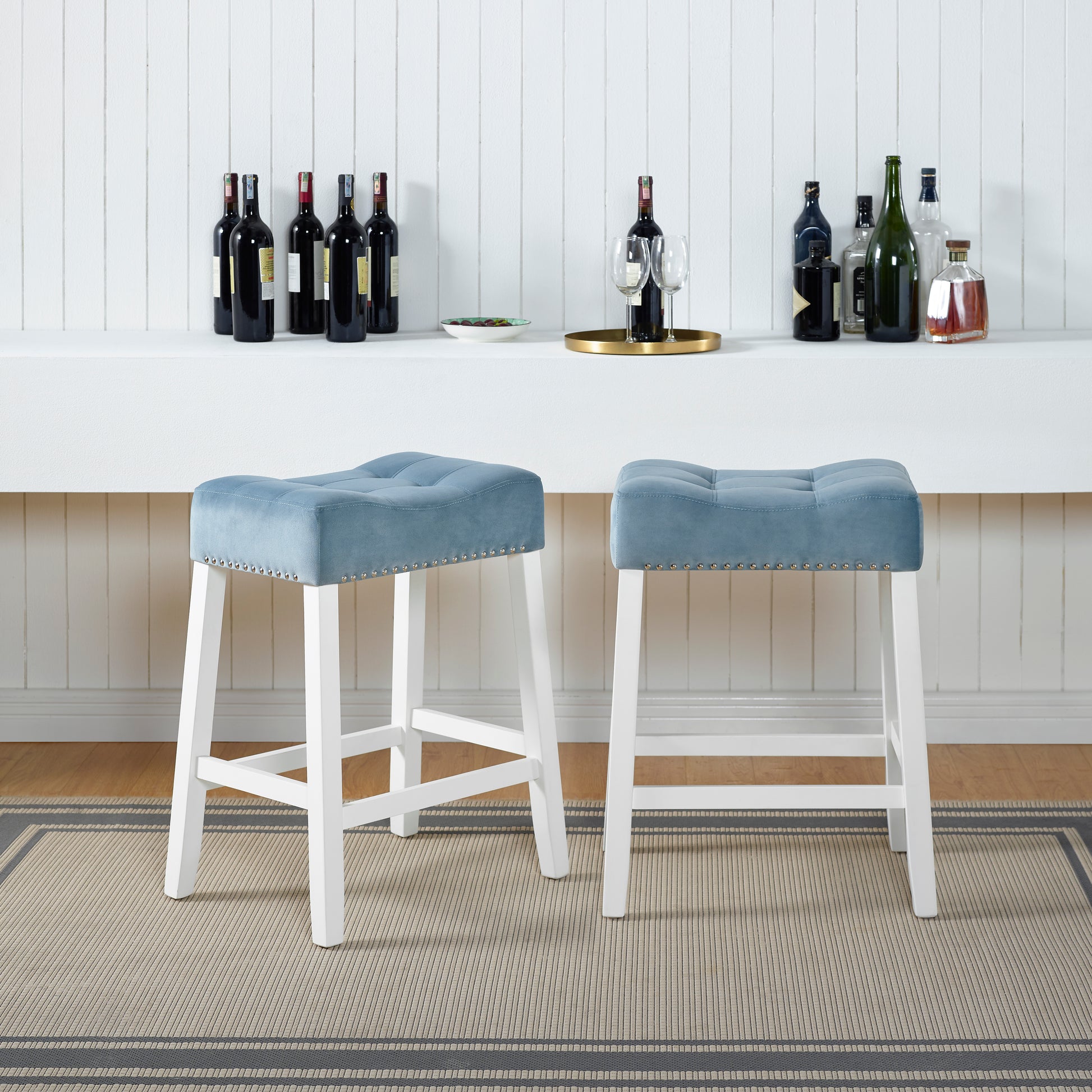 Morovo Set Of 2 Velvet Counter Height Stools With Tufted Saddle Seats, White Wash Finish, Blue Blue Fabric