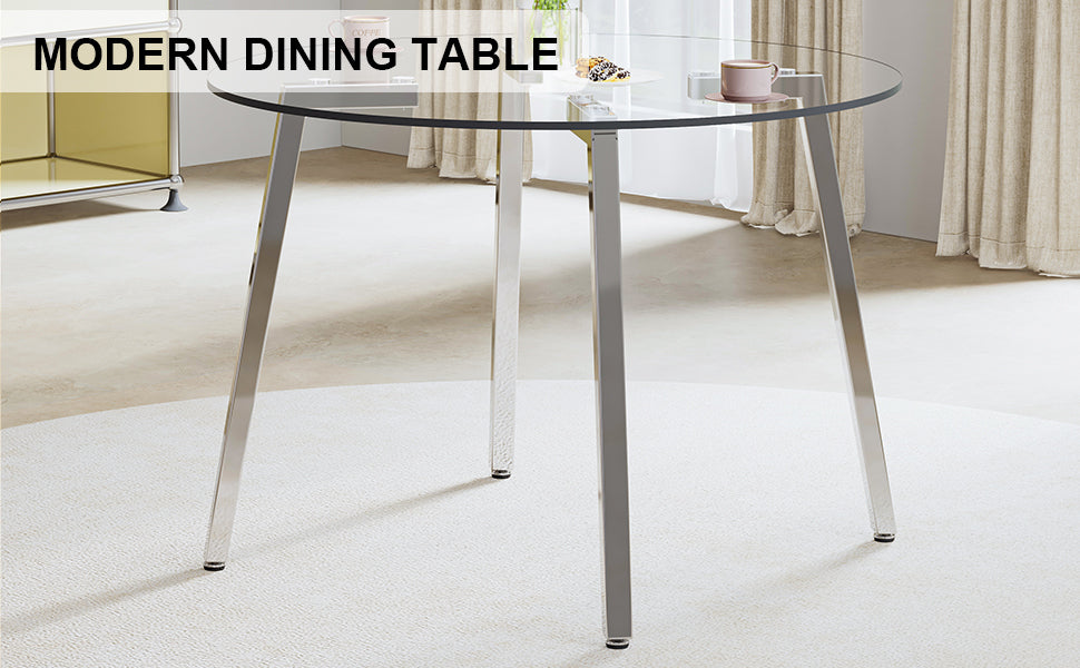 Modern Minimalist Style Circular Transparent Tempered Glass Table, Tempered Glass Tabletop, Silver Metal Table Legs, Suitable For Kitchen, Dining Room, And Living Room, 40 "* 40" * 29.5 "1123R Transparent Glass