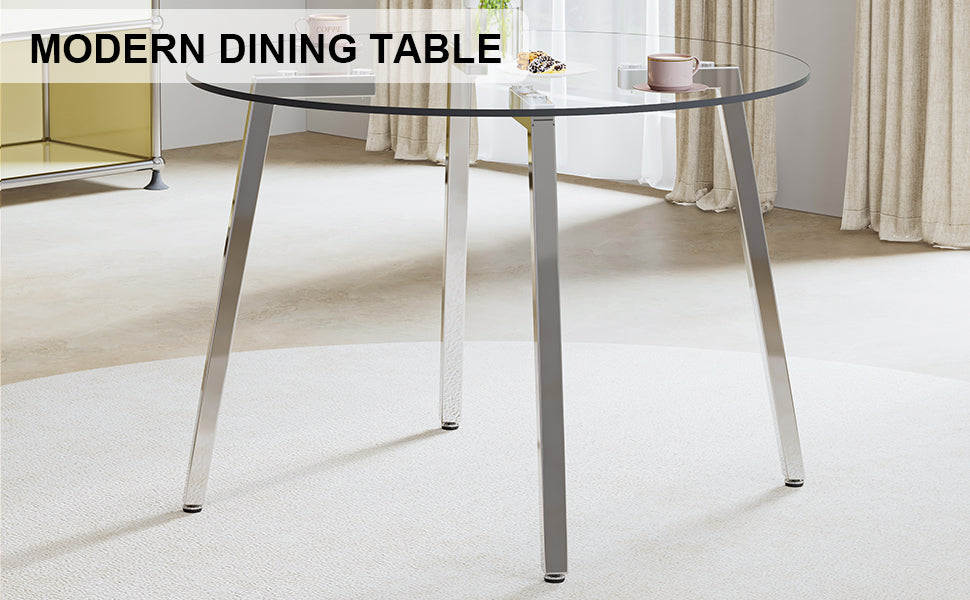 Modern Minimalist Style Circular Transparent Tempered Glass Table, Tempered Glass Tabletop, Silver Metal Table Legs, Suitable For Kitchen, Dining Room, And Living Room, 42 "* 42" * 29.5 "1123R Transparent Glass