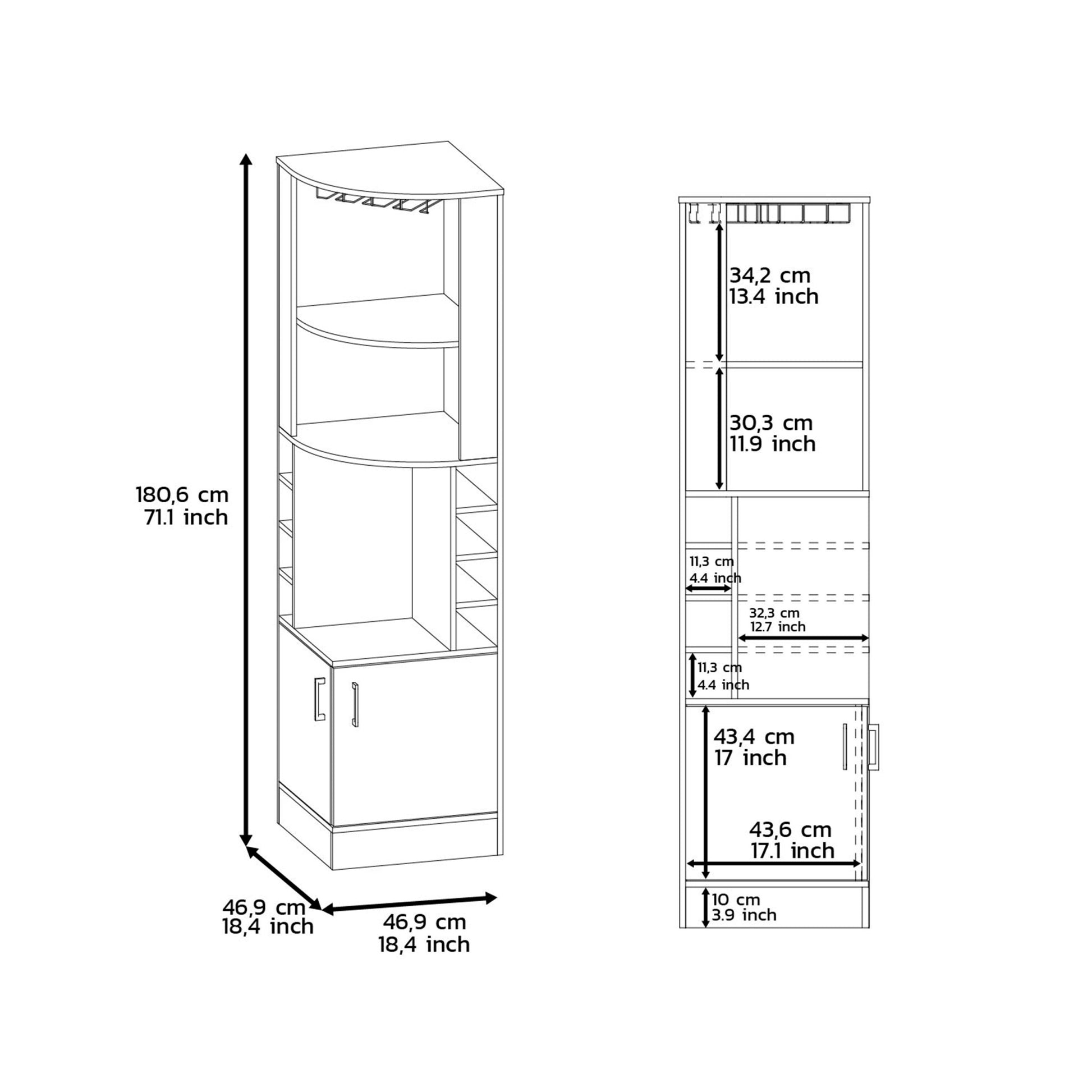 71" H Light Dark Brown Bar Cabinet, With Two Shelves At The Top, 1 Glass Holder, 8 Exterior Bottle Racks, 1 Central Shelf And A Lower Drawer With 2 Side Doors Brown Particle Board Particle Board