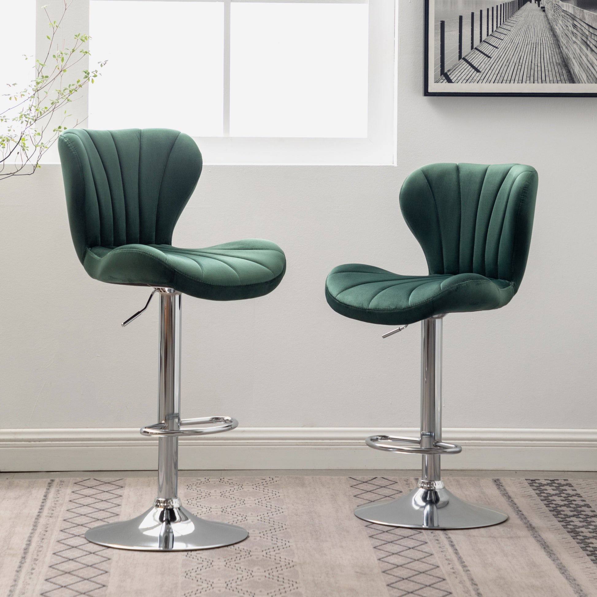 Ellston Upholstered Adjustable Swivel Barstools In Green, Set Of 2 Green Polyester