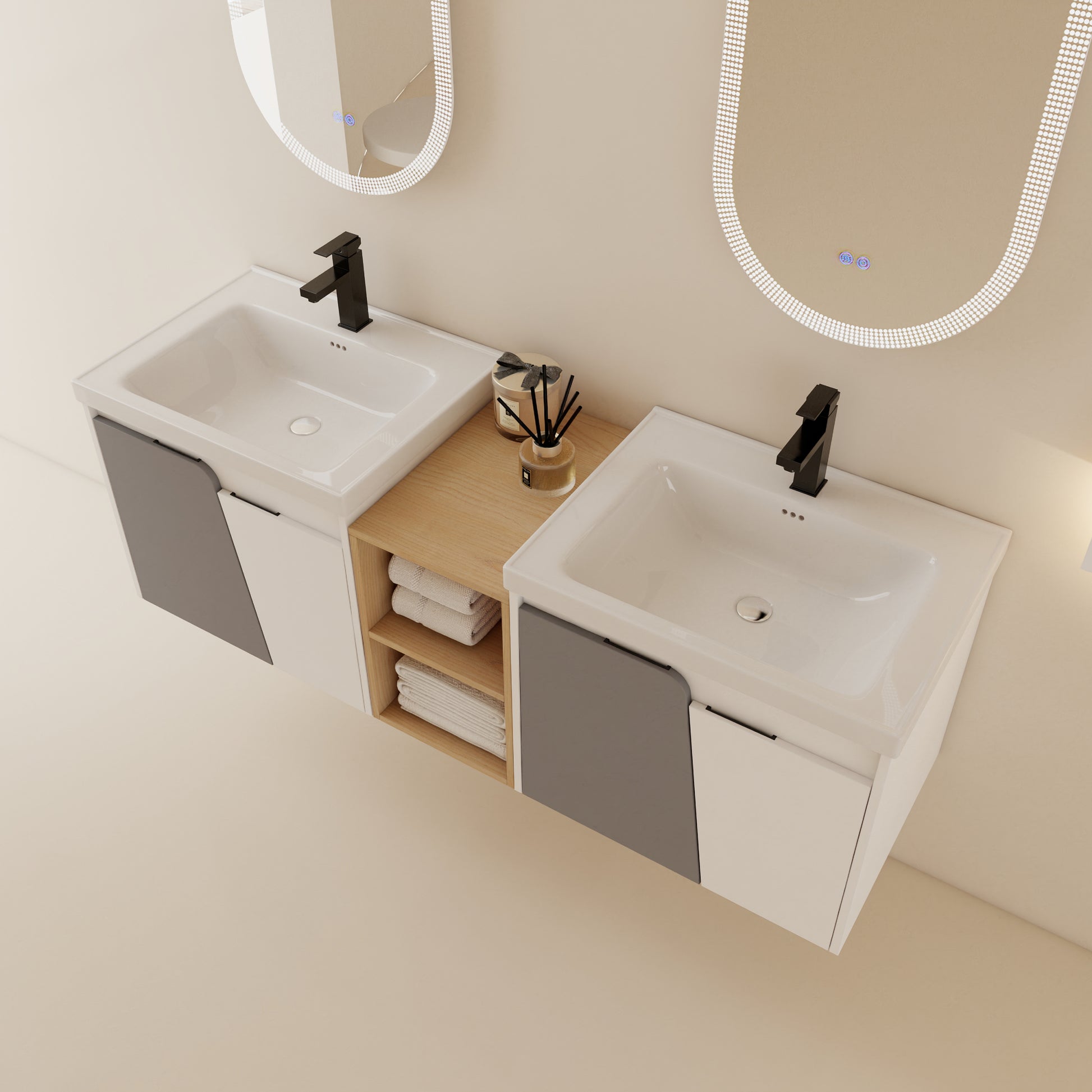 60 Inch Wall Mounted Bathroom Vanity With Sink, And A Small Storage Shelves Kd Packing White Bathroom Wall Mounted Modern Plywood