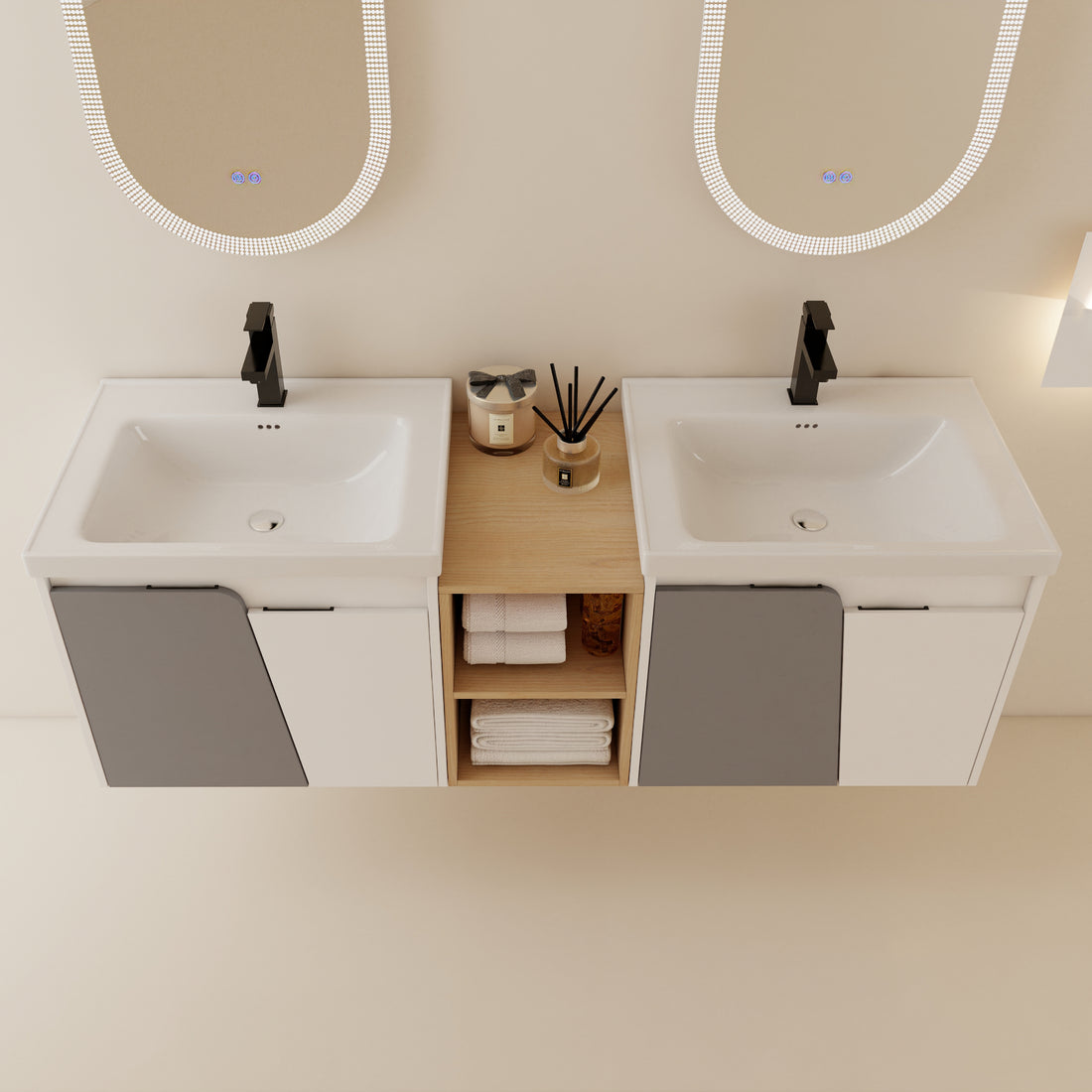 60 Inch Wall Mounted Bathroom Vanity With Sink, And A Small Storage Shelves Kd Packing White Bathroom Wall Mounted Modern Plywood