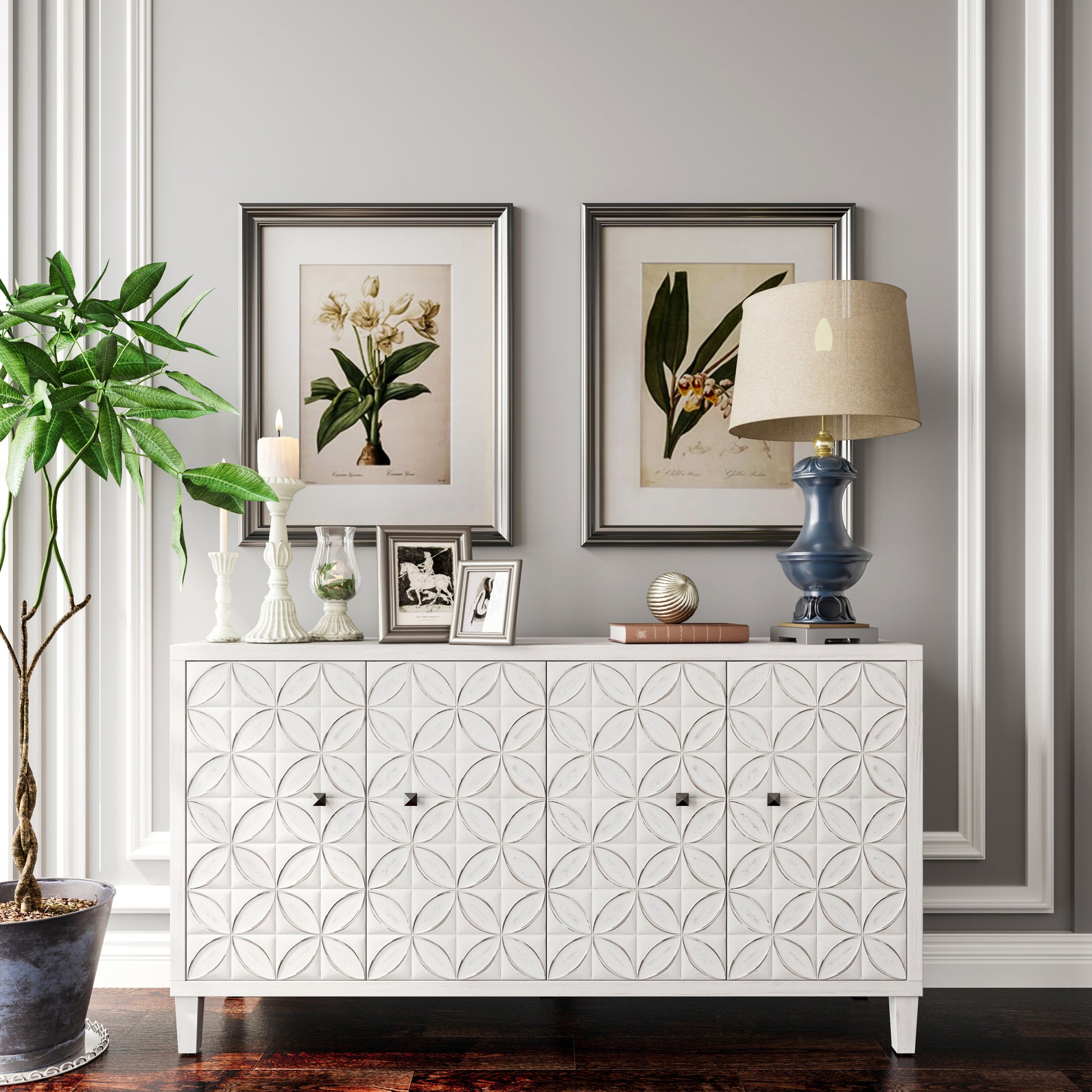 Accent Cabinet 4 Door Wooden Cabinet Sideboard Buffet Server Cabinet Storage Cabinet, For Living Room, Entryway, Hallway, Office, Kitchen And Dining Room, White Wash White Washed Solid Wood Mdf