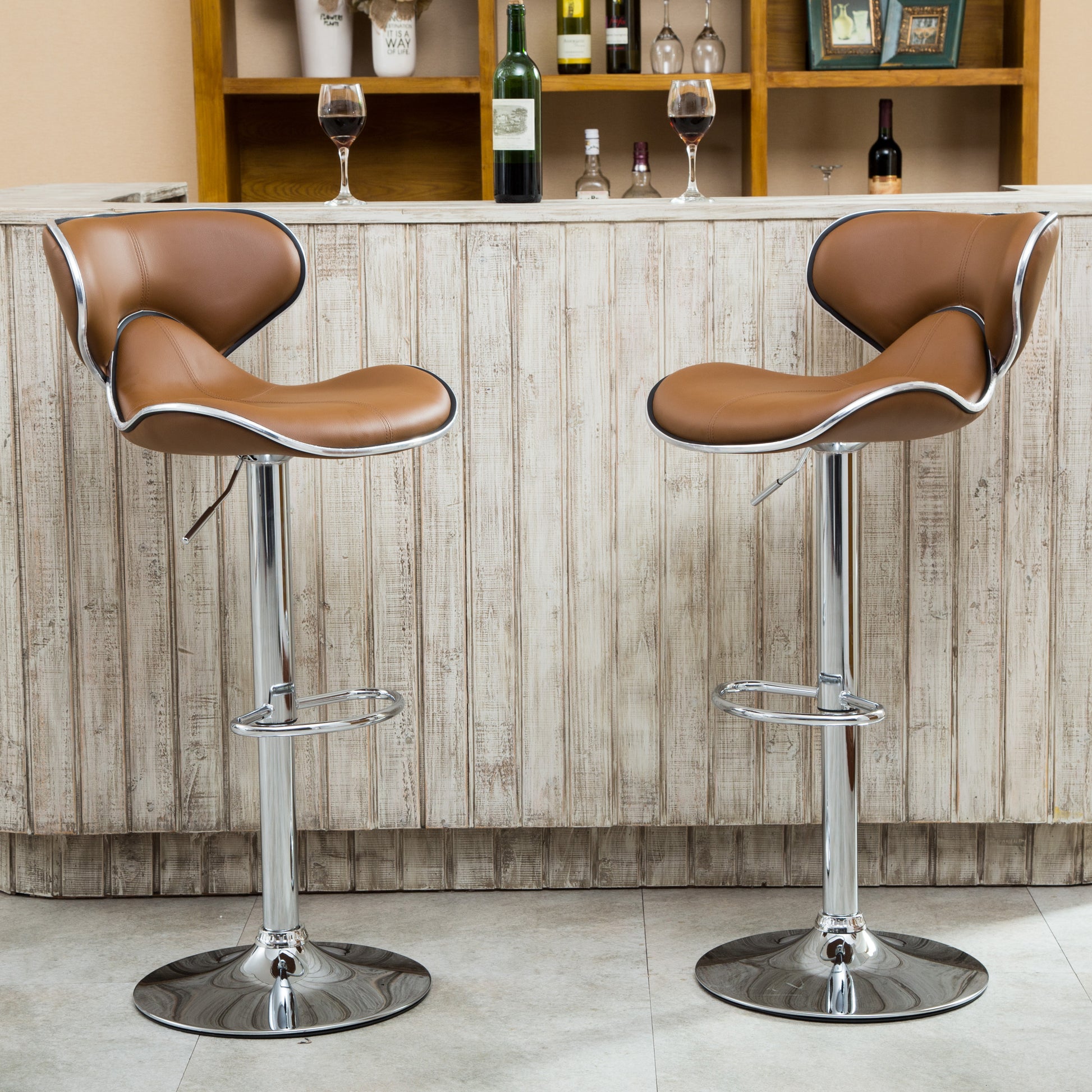 Masaccio Upholstery Airlift Adjustable Swivel Barstool With Chrome Base, Set Of 2, Camel Camel Faux Leather