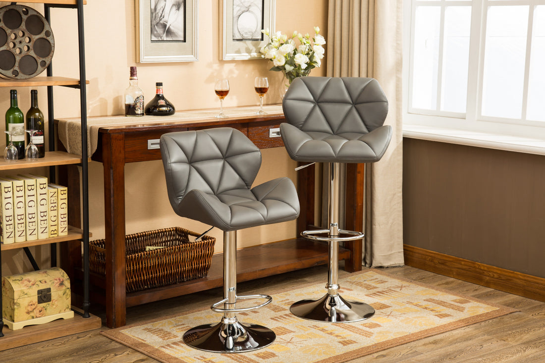 Glasgow Contemporary Tufted Adjustable Height Hidraulic Bar Stools, Set Of 2, Grey Gray Faux Leather