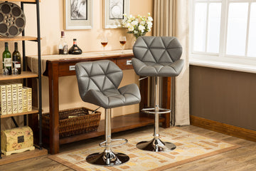 Glasgow Contemporary Tufted Adjustable Height Hidraulic Bar Stools, Set Of 2, Grey Gray Faux Leather