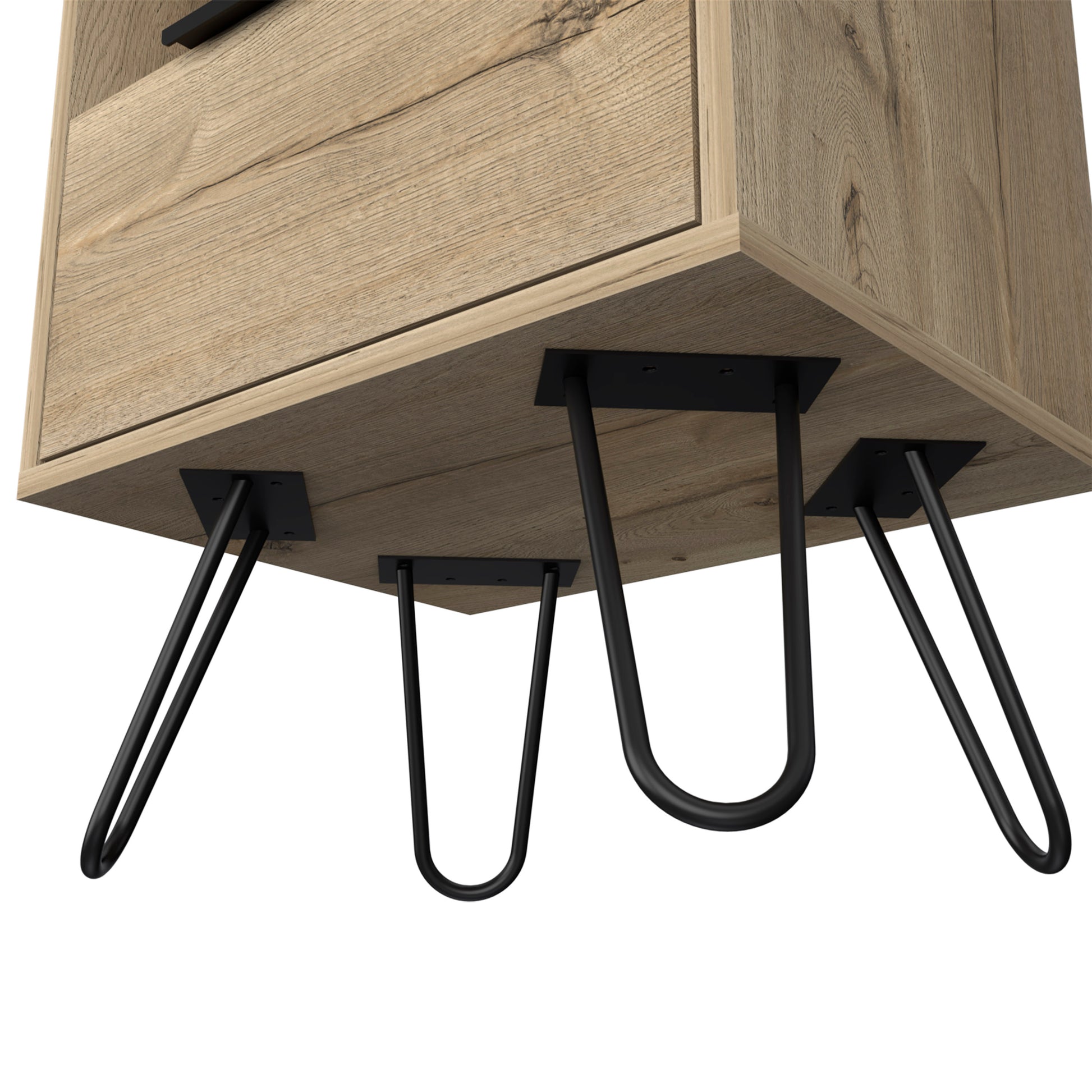 Nightstand 22"H, One Open Shelf, Single Door Cabient, Hairpin Legs, Light Oak Beige Particle Board Particle Board