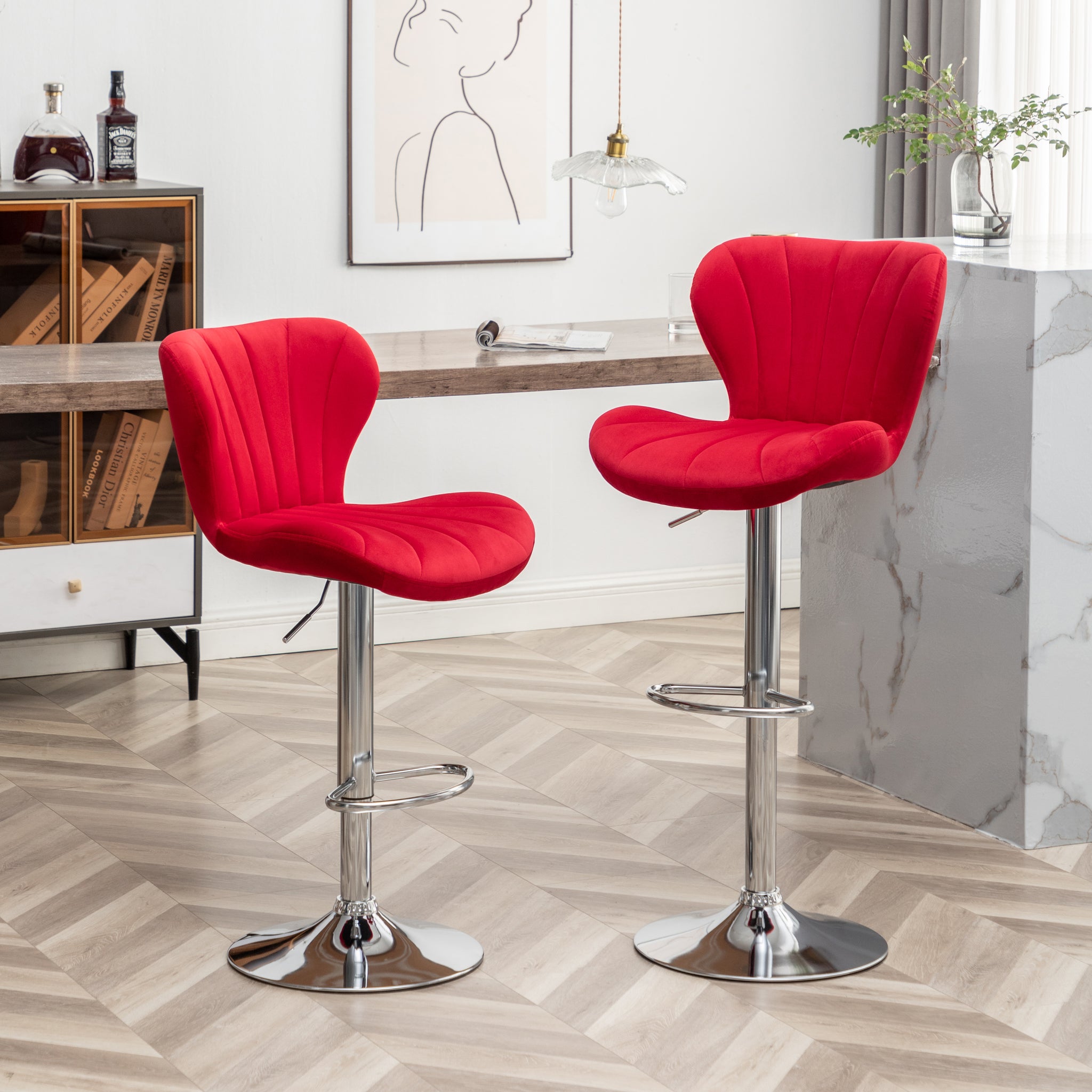 Ellston Upholstered Adjustable Swivel Barstools In Red, Set Of 2 Red Polyester