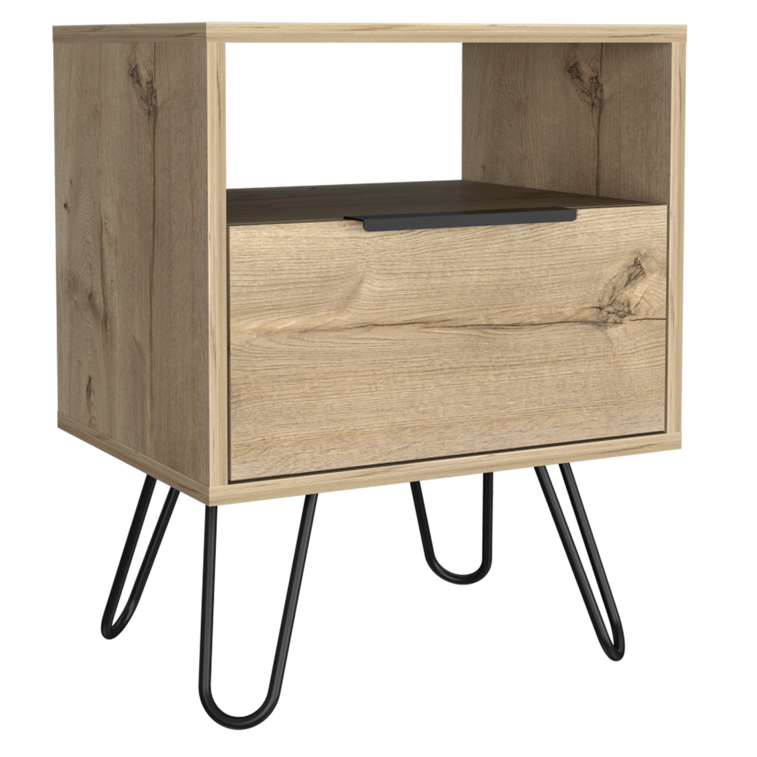 Nightstand 22"H, One Open Shelf, Single Door Cabient, Hairpin Legs, Light Oak Beige Particle Board Particle Board