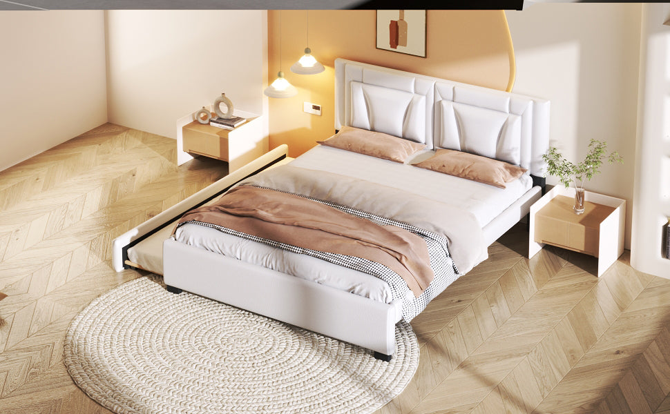 Queen Size Upholstered Platform Bed With Headboard And Twin Size Trundle, White Box Spring Not Required Queen White Bedroom Faux Leather Upholstered