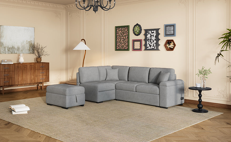 Sleeper Sectional Sofa, L Shape Corner Couch Sofa Bed With Storage Ottoman & Hidden Arm Storage & Usb Charge For Living Room Apartment, Gray Gray Velvet 4 Seat