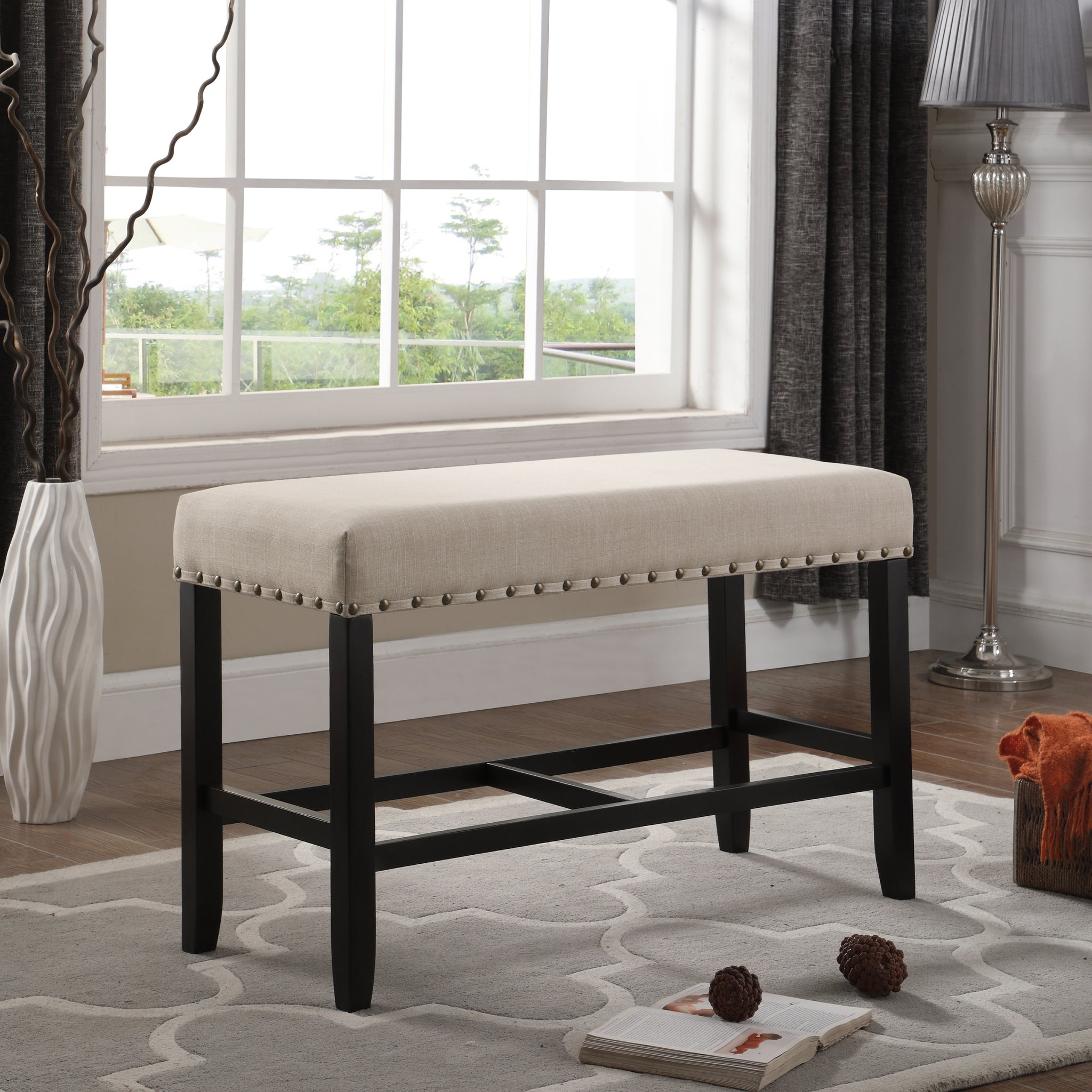 Biony Fabric Counter Height Dining Bench With Trim, Tan Tan Polyester Blend