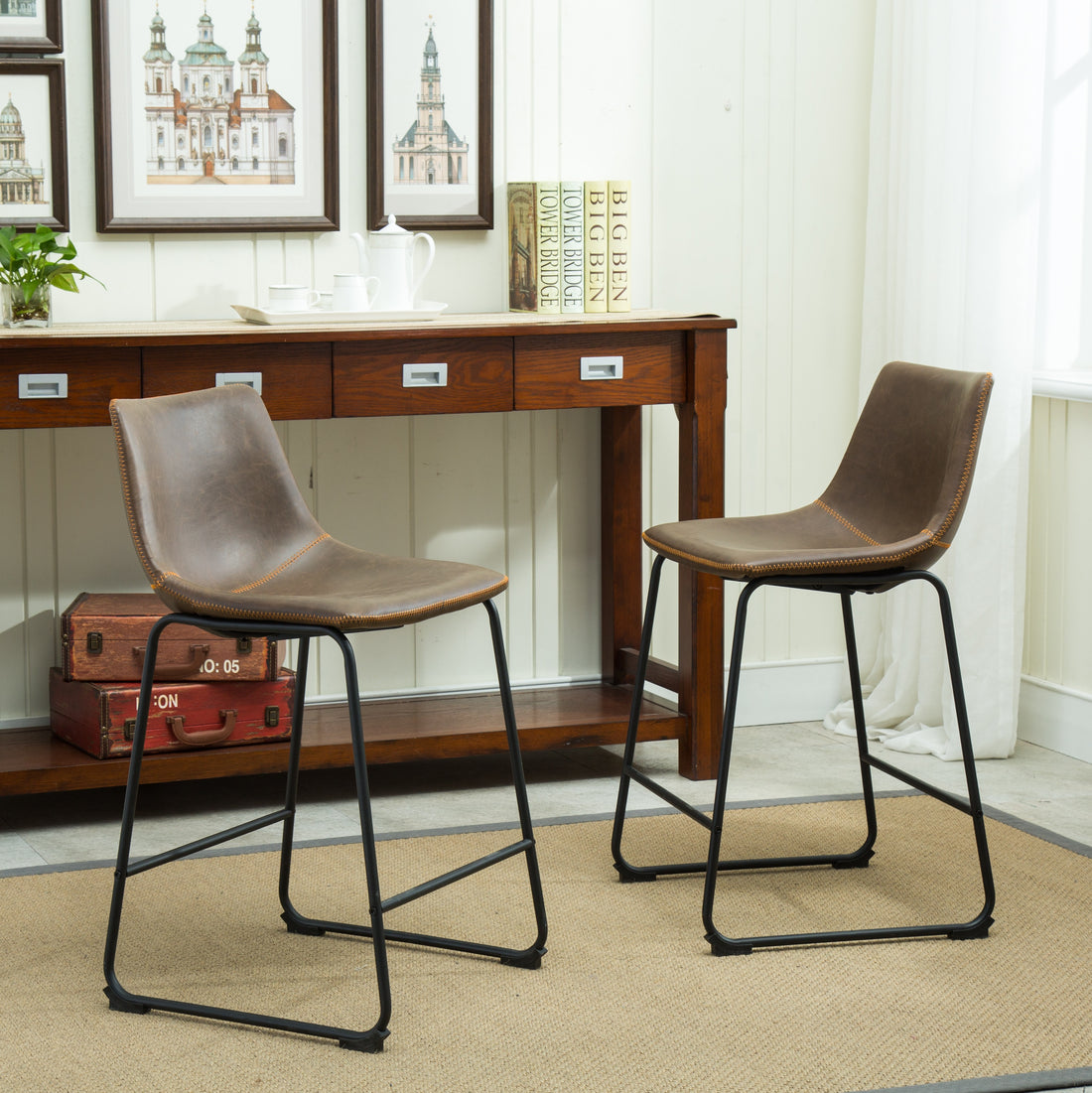 Lotusville Vintage Pu Leather Counter Height Stools, Set Of 2, Antique Brown Brown Faux Leather