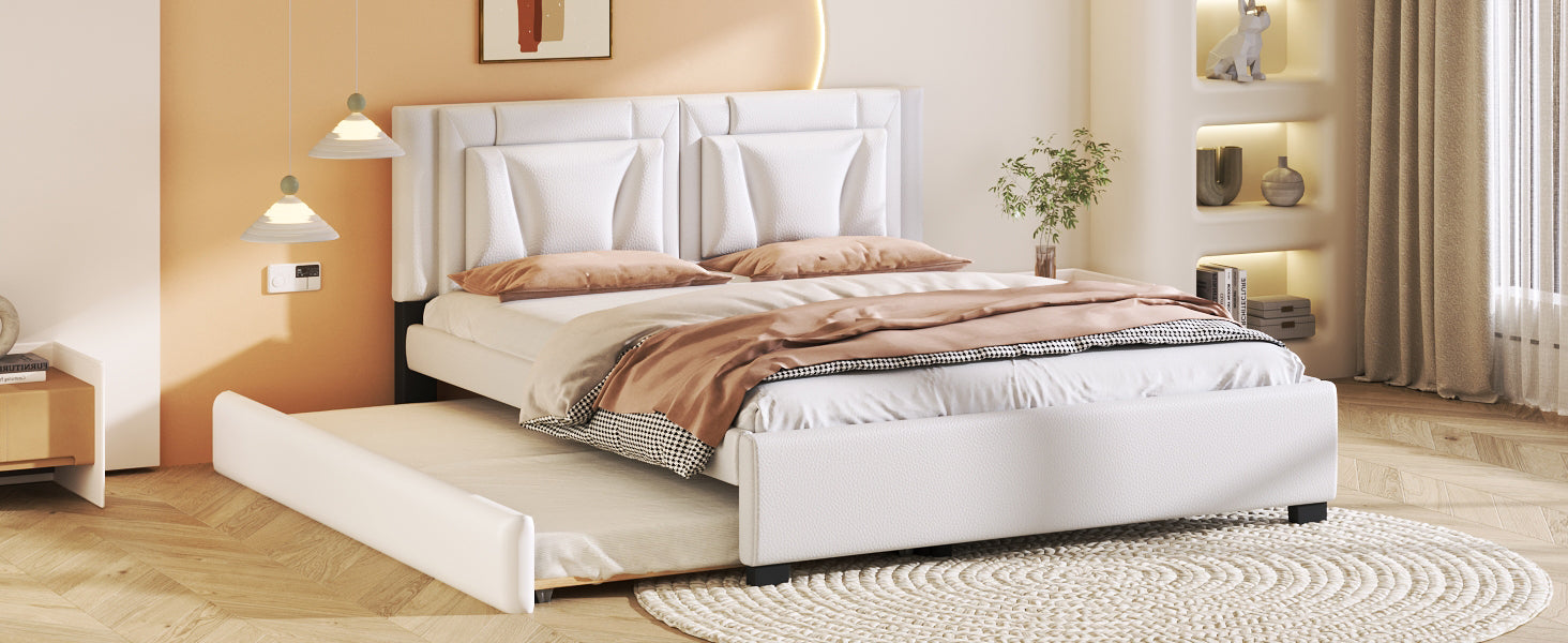 Queen Size Upholstered Platform Bed With Headboard And Twin Size Trundle, White Box Spring Not Required Queen White Bedroom Faux Leather Upholstered