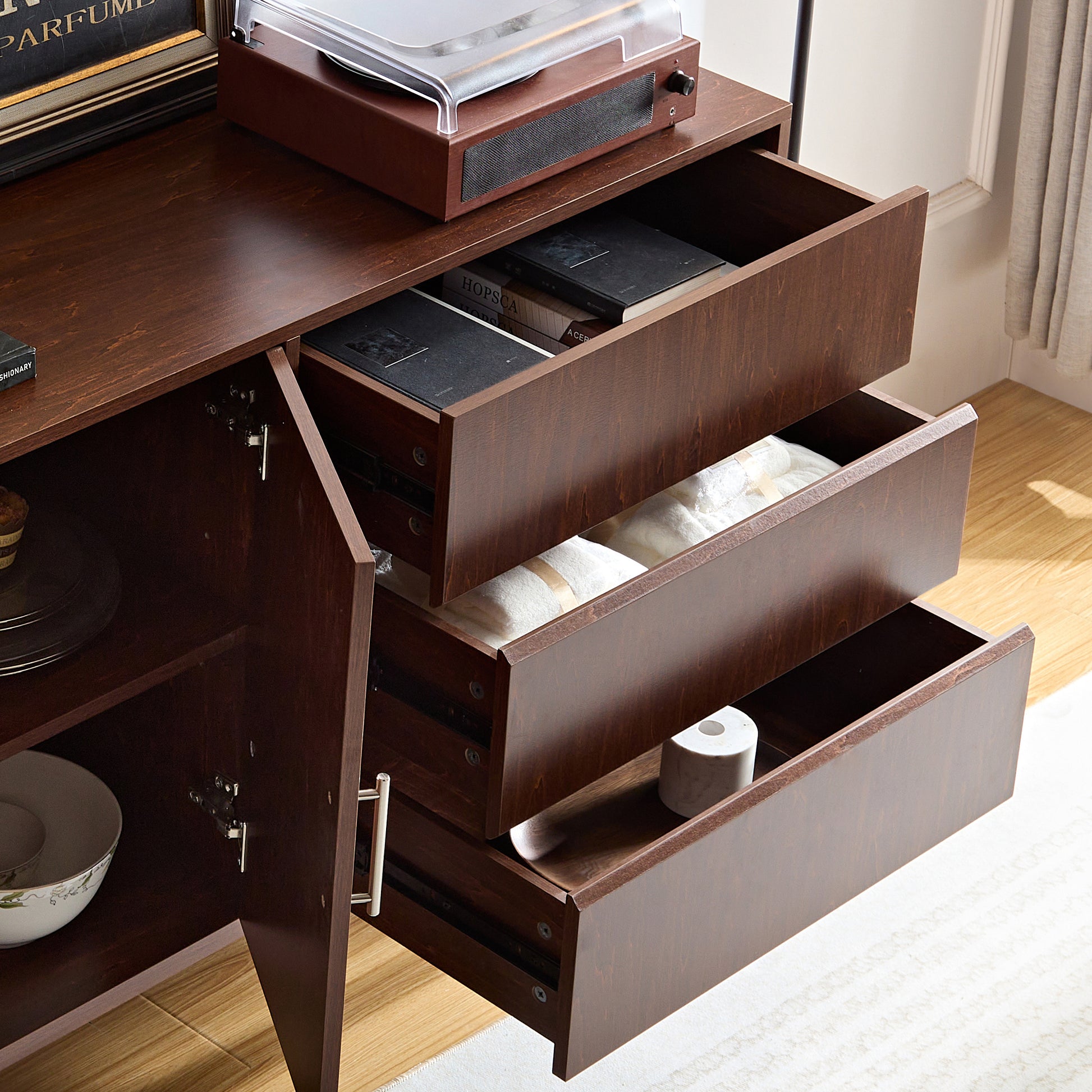 Sideboard Buffet Console Table With Drawers, Media Console With Doors,Storage Cabinet For Living Room & Bedroom Walnut 50 59 Inches Retro Solid Wood Mdf