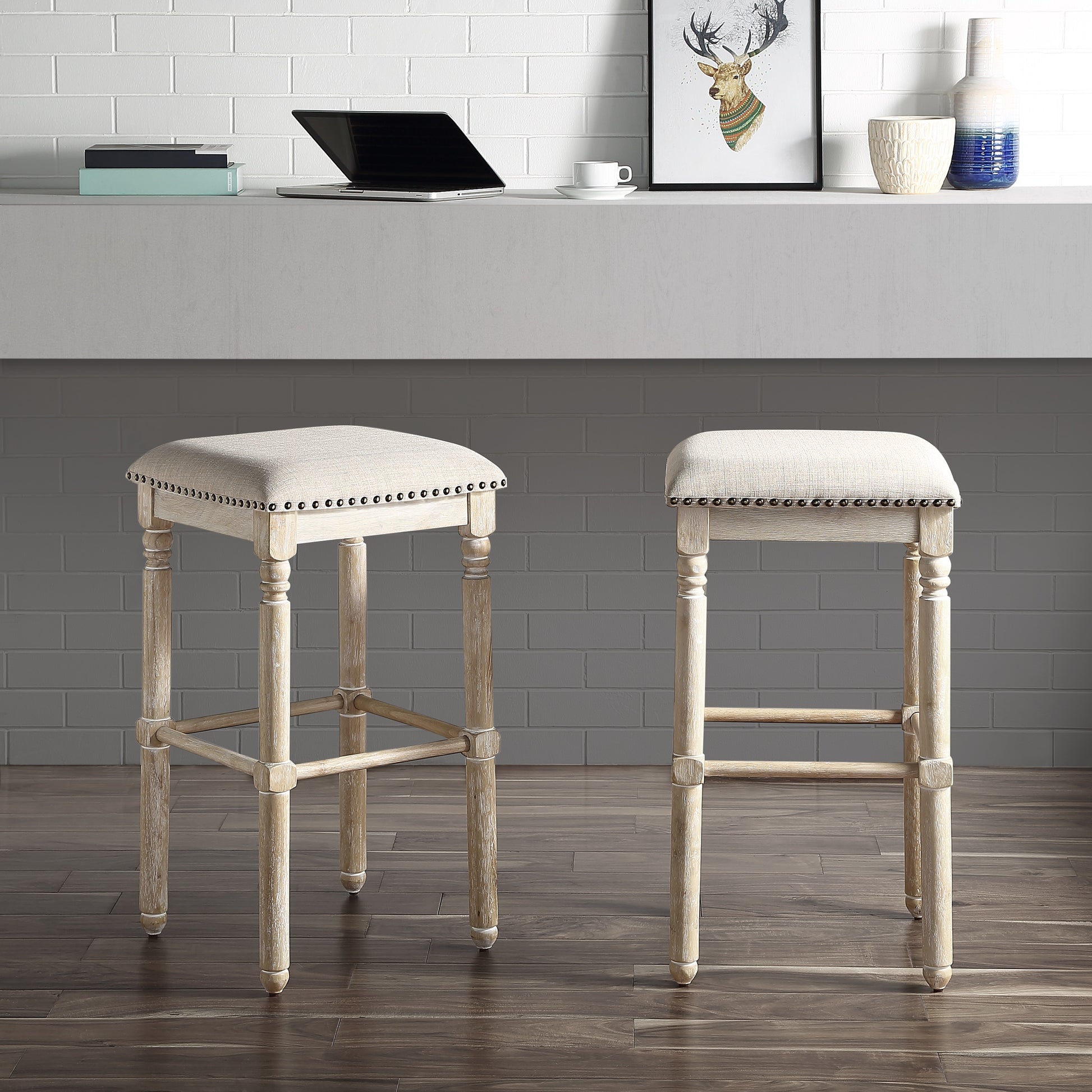 Arnhem Wood Upholstered Bar Stools, Set Of 2, Tan Tan Brown Dining Room Polyester Spot Clean Rectangular Wood