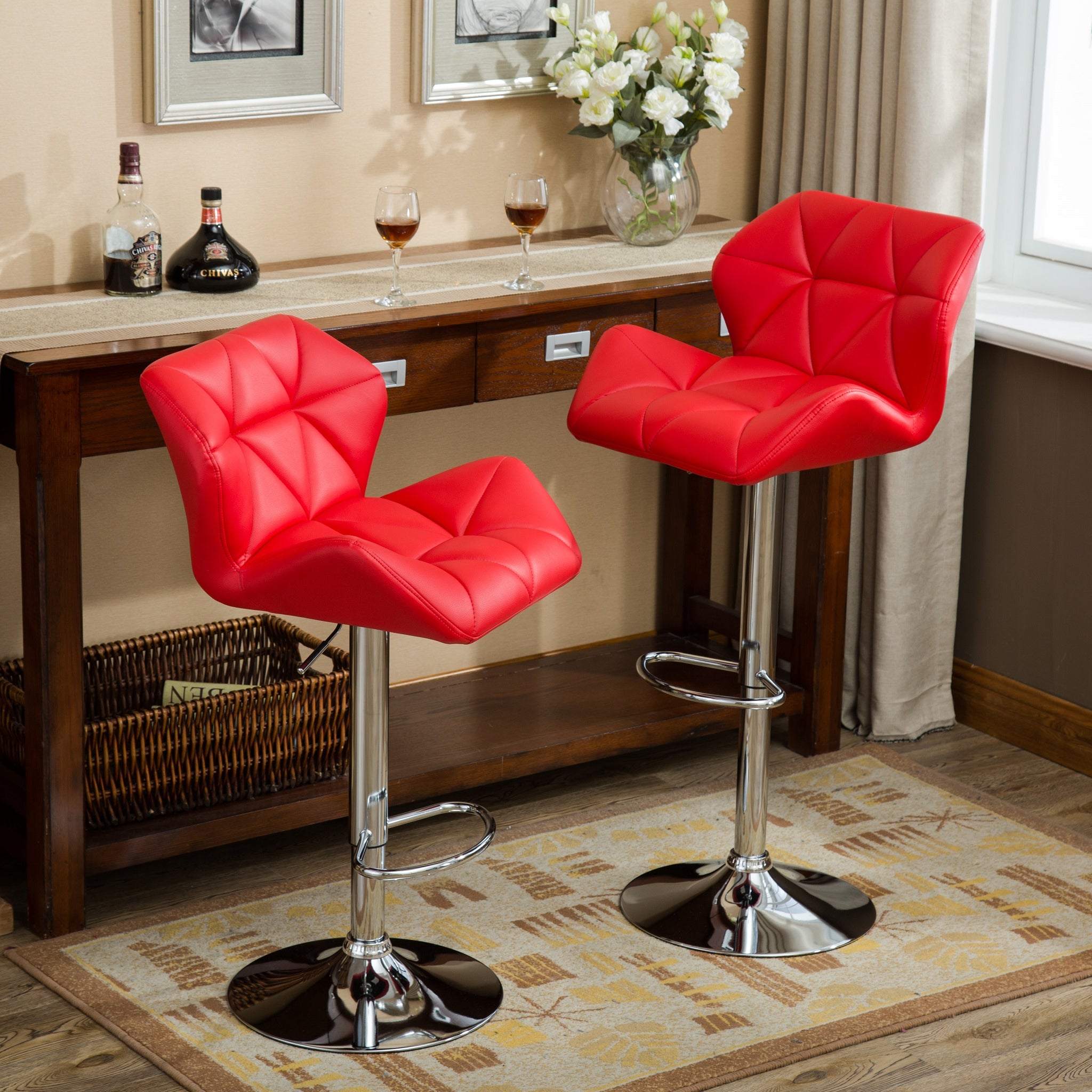 Glasgow Contemporary Tufted Adjustable Height Hidraulic Bar Stools, Set Of 2, Red Red Faux Leather