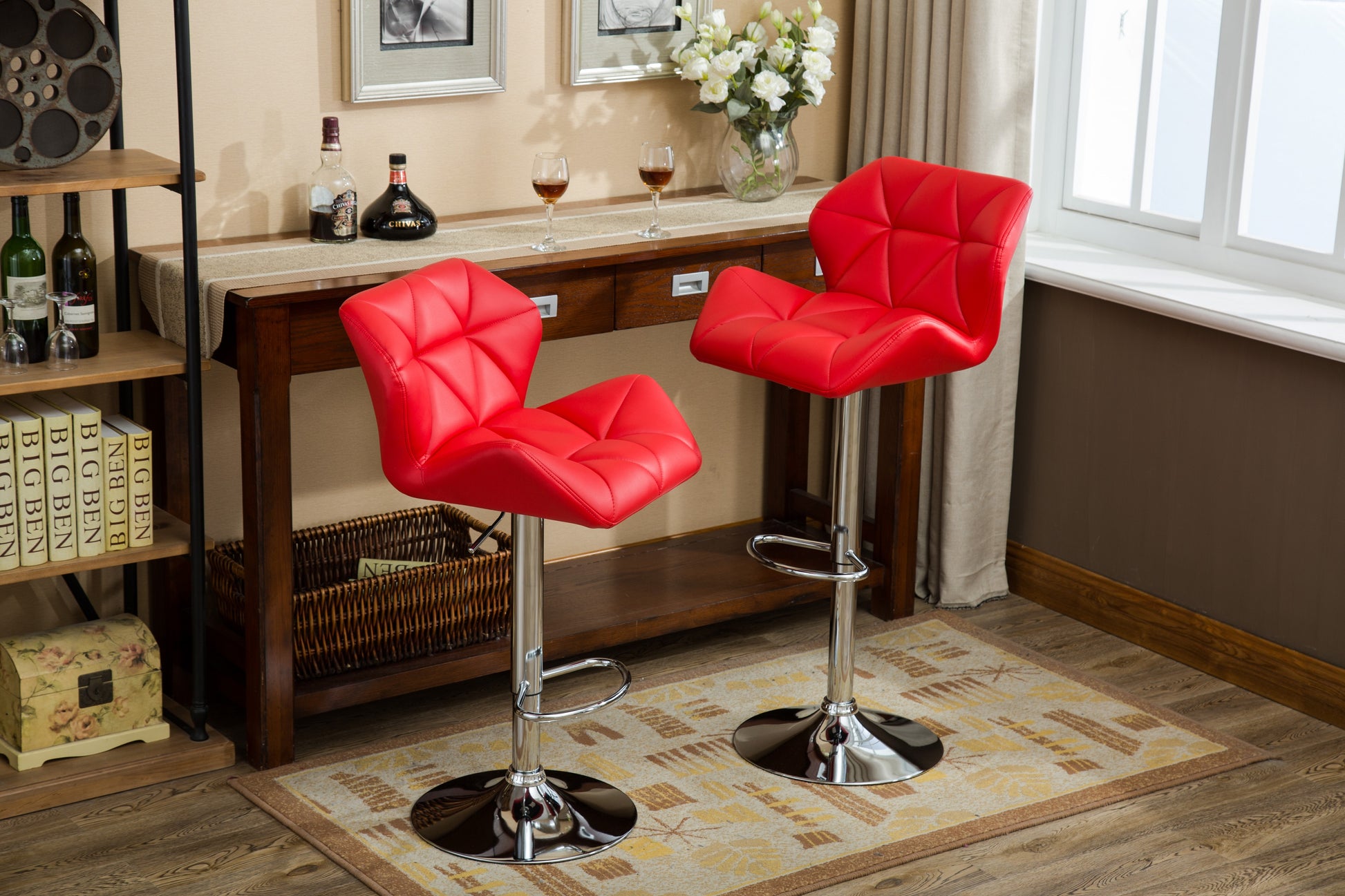 Glasgow Contemporary Tufted Adjustable Height Hidraulic Bar Stools, Set Of 2, Red Red Faux Leather