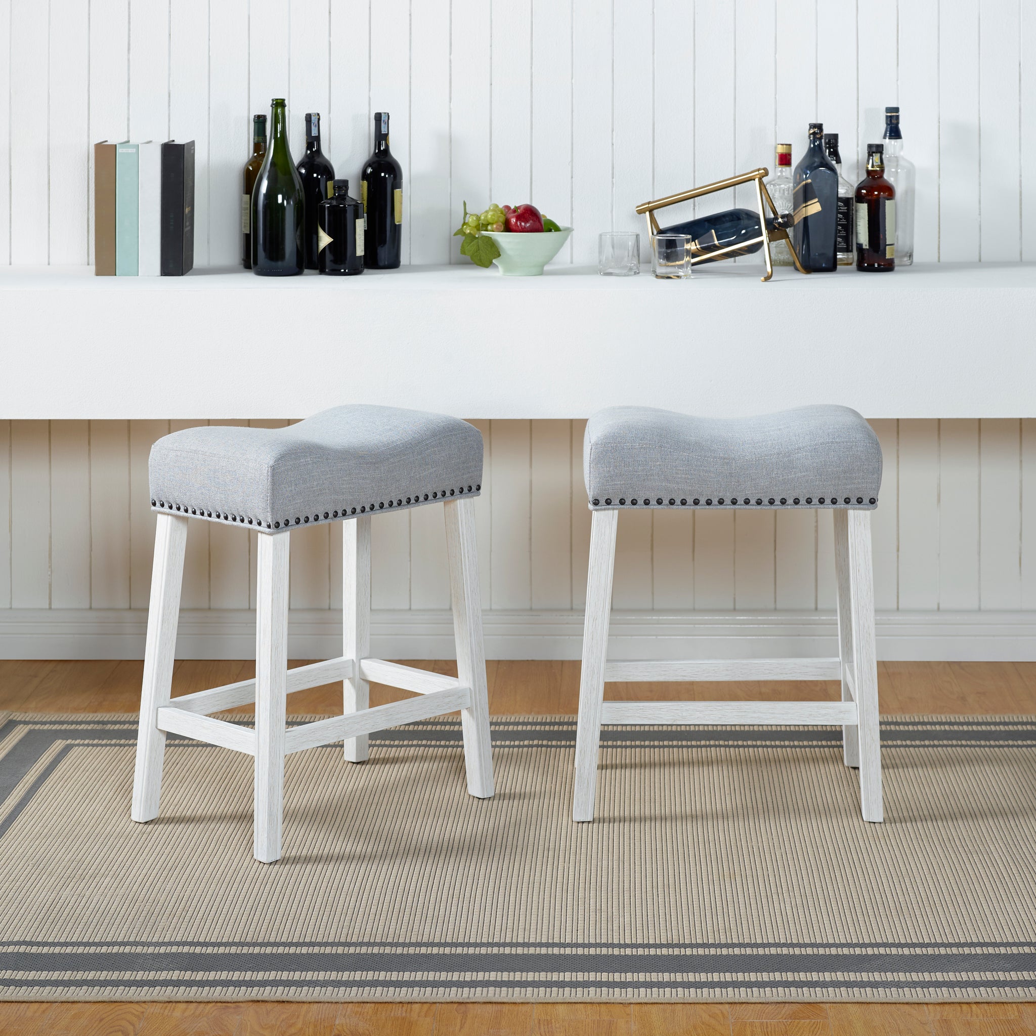 Coco Upholstered Counter Height Stools Saddle Seat, White Washed Finish, Gray Fabric, Set Of 2 Gray Wood