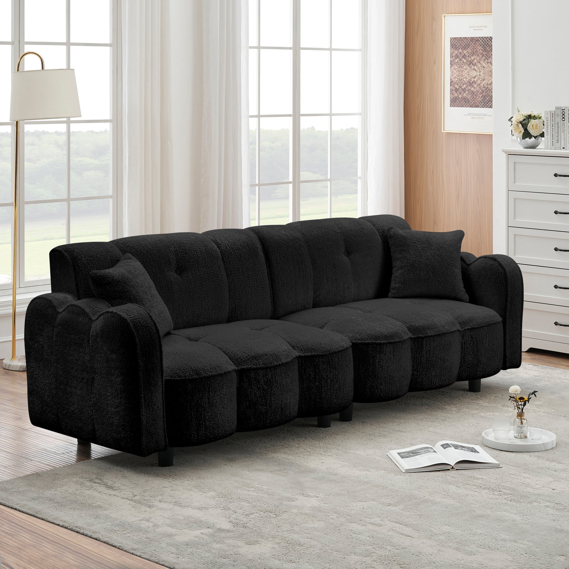 96.06 Inch Large Teddy Plush Sofa For Living Room And Entertainment Space. Black Brown Velvet Wood Primary Living Space Loose Back Medium Soft Contemporary Eucalyptus Square Arms Foam Foam 3 Seat