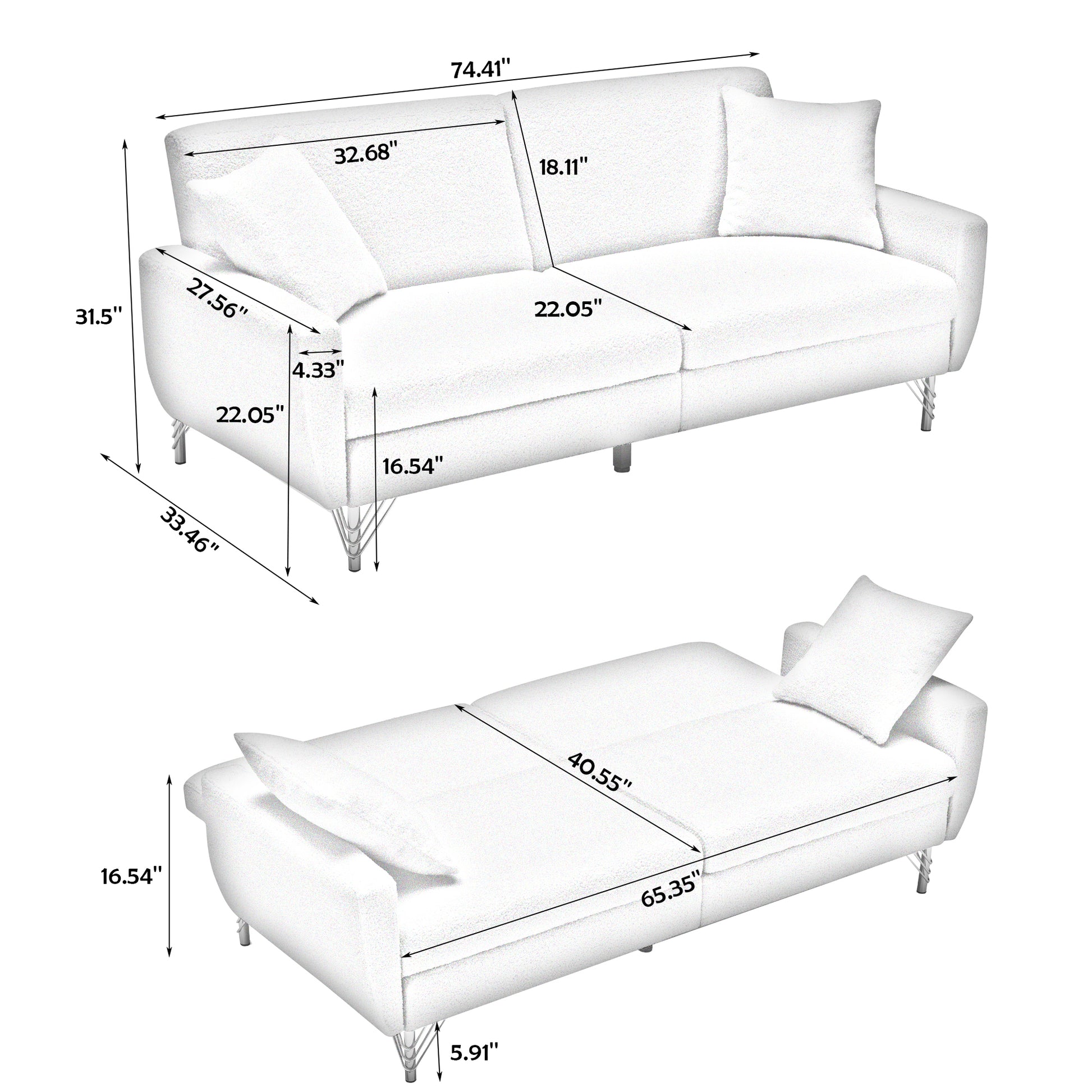 74.41 Inch Teddy Velvet Sofa Bed With Separate Adjustment Backrest And Storage Function White Light Brown Velvet Wood Primary Living Space Medium Soft Loose Back Contemporary Eucalyptus Square Arms Foam Foam 2 Seat