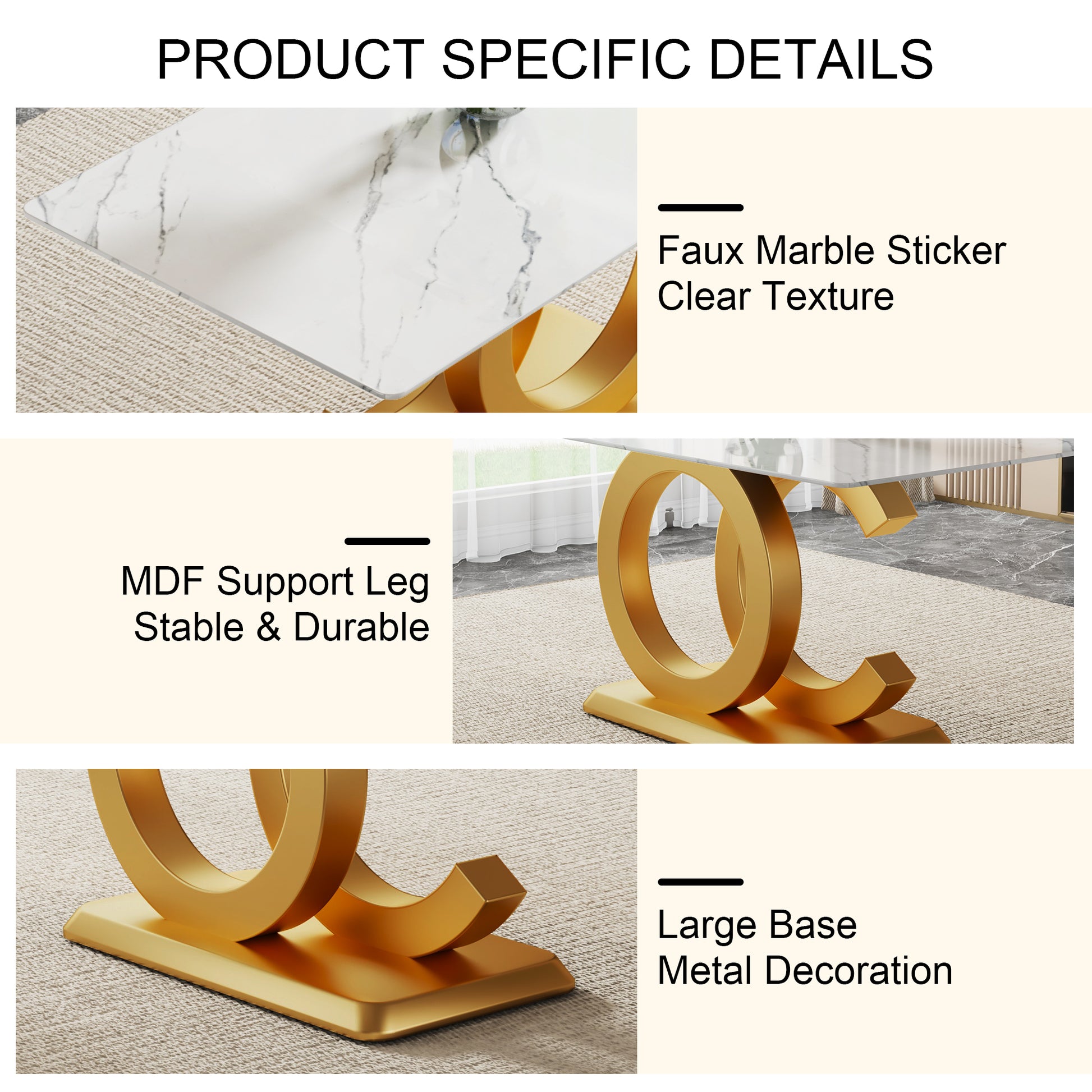 A Modern Minimalist Rectangular Dining Table Suitable For 6 8 People, A Set Of 6 Piece Pu Leather Backrest And Gold Metal Legs Modern Dining Chairs. F Oc C 009 White Mdf Glass