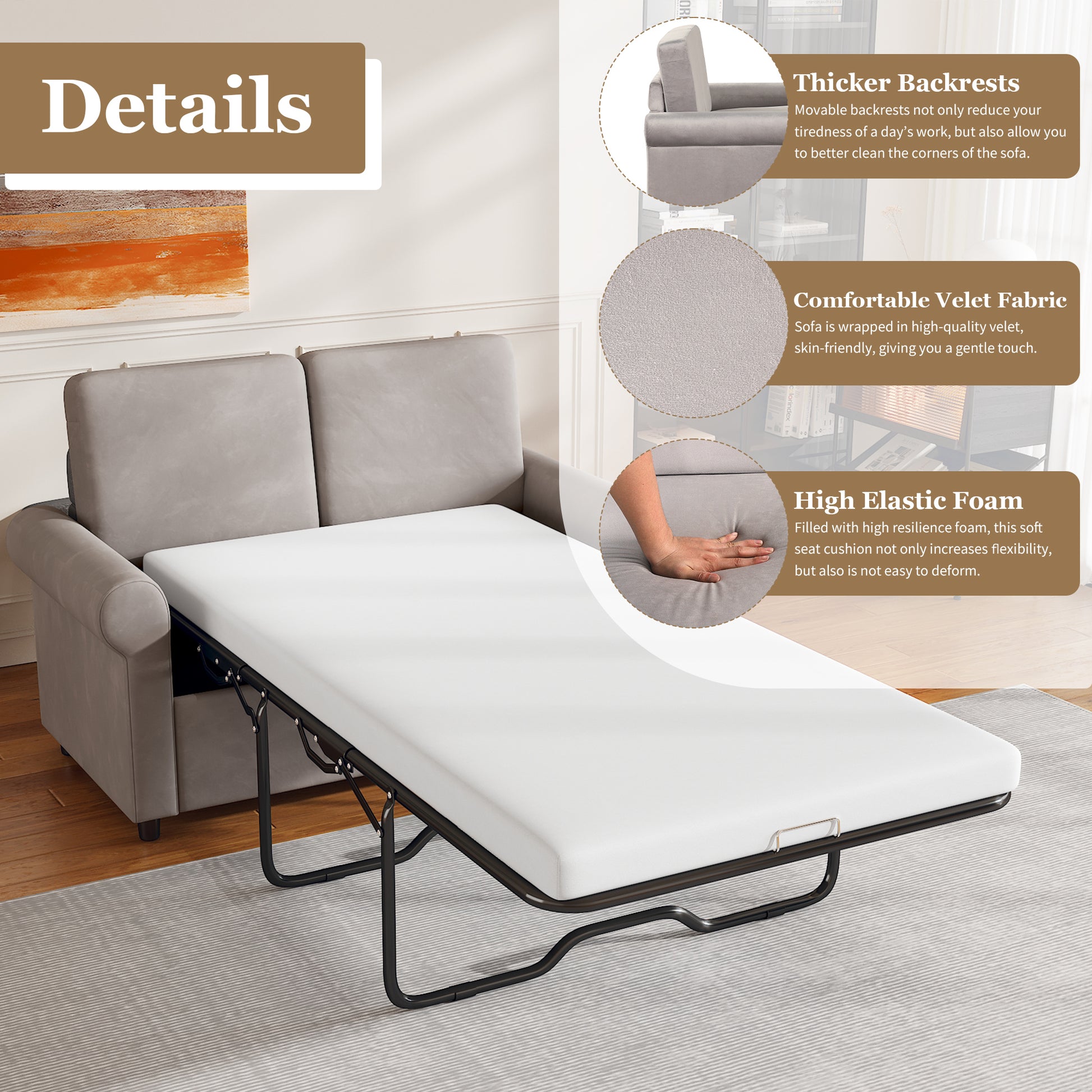 57.4" Pull Out Sofa Bed,Sleeper Sofa Bed With Premium Twin Size Mattress Pad,2 In 1 Pull Out Couch Bed With Two Usb Ports For Living Room,Small Apartment, Light Gray Old Sku:Wf296899 Light Gray Foam Velvet