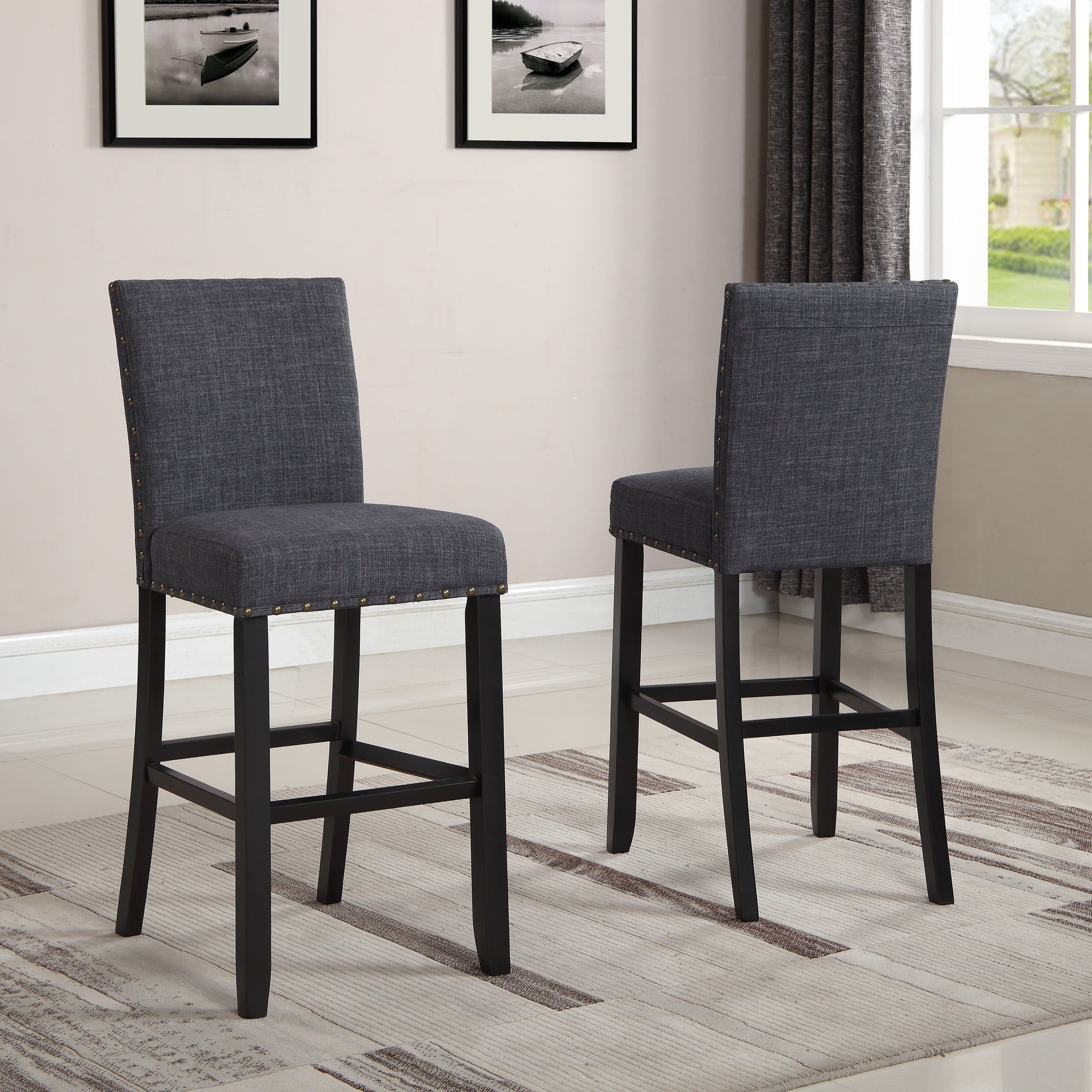 Biony Fabric Bar Stools With Trim, Set Of 2, Grey Grey Wood