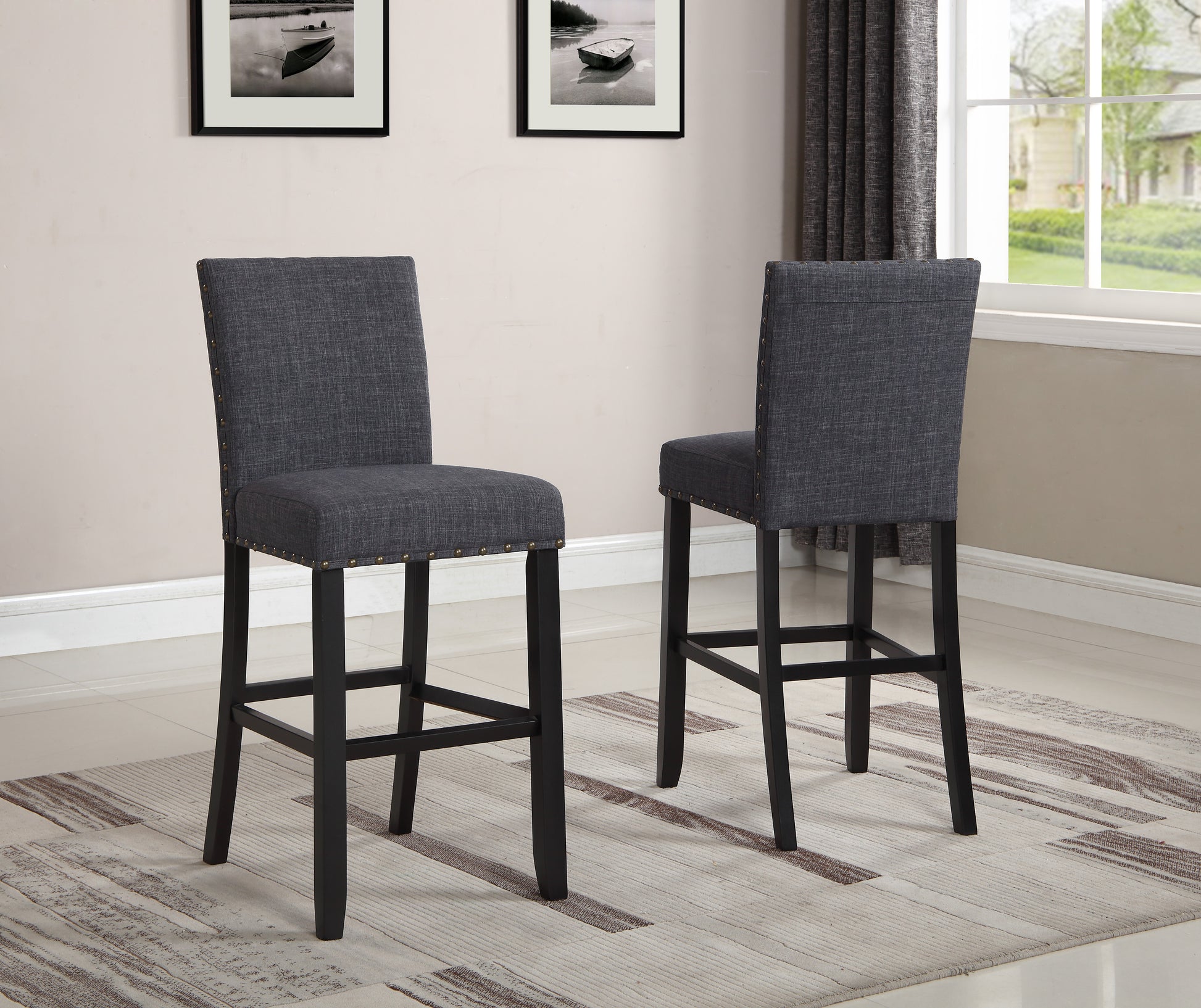 Biony Fabric Bar Stools With Trim, Set Of 2, Grey Grey Wood