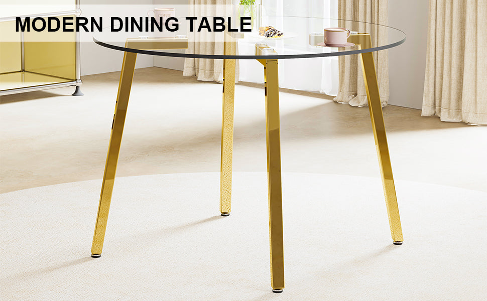 Modern Minimalist Style Circular Transparent Tempered Glass Table, Tempered Glass Tabletop, Golden Metal Legs, Suitable For Kitchen, Dining Room, And Living Room, 40 "* 40" * 29.5 "1123R Transparent Glass