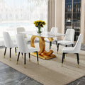 A Large Modern Minimalist Rectangular Dining Table Suitable For 6 8 People, A Set Of 6 Piece Pu Leather Backrest And Black Metal Legs Modern Dining Chairs. F Oc C 007 Gold Mdf Glass