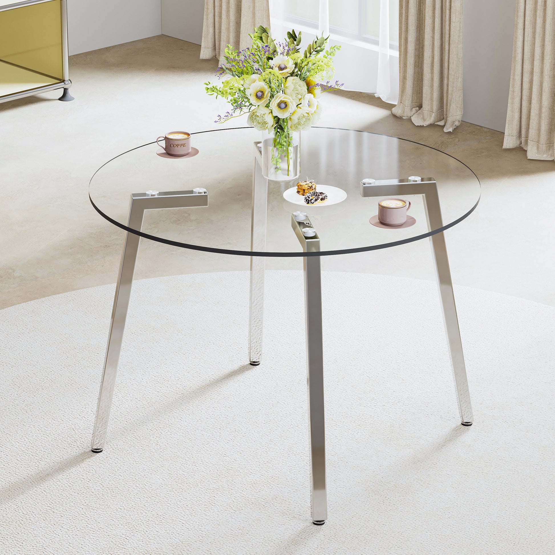 Modern Minimalist Style Circular Transparent Tempered Glass Table, Tempered Glass Tabletop, Silver Metal Table Legs, Suitable For Kitchen, Dining Room, And Living Room, 42 "* 42" * 29.5 "1123R Transparent Glass