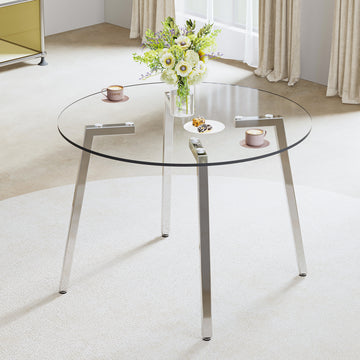 Modern Minimalist Style Circular Transparent Tempered Glass Table, Tempered Glass Tabletop, Silver Metal Table Legs, Suitable For Kitchen, Dining Room, And Living Room, 42 "* 42" * 29.5 "1123R Transparent Glass