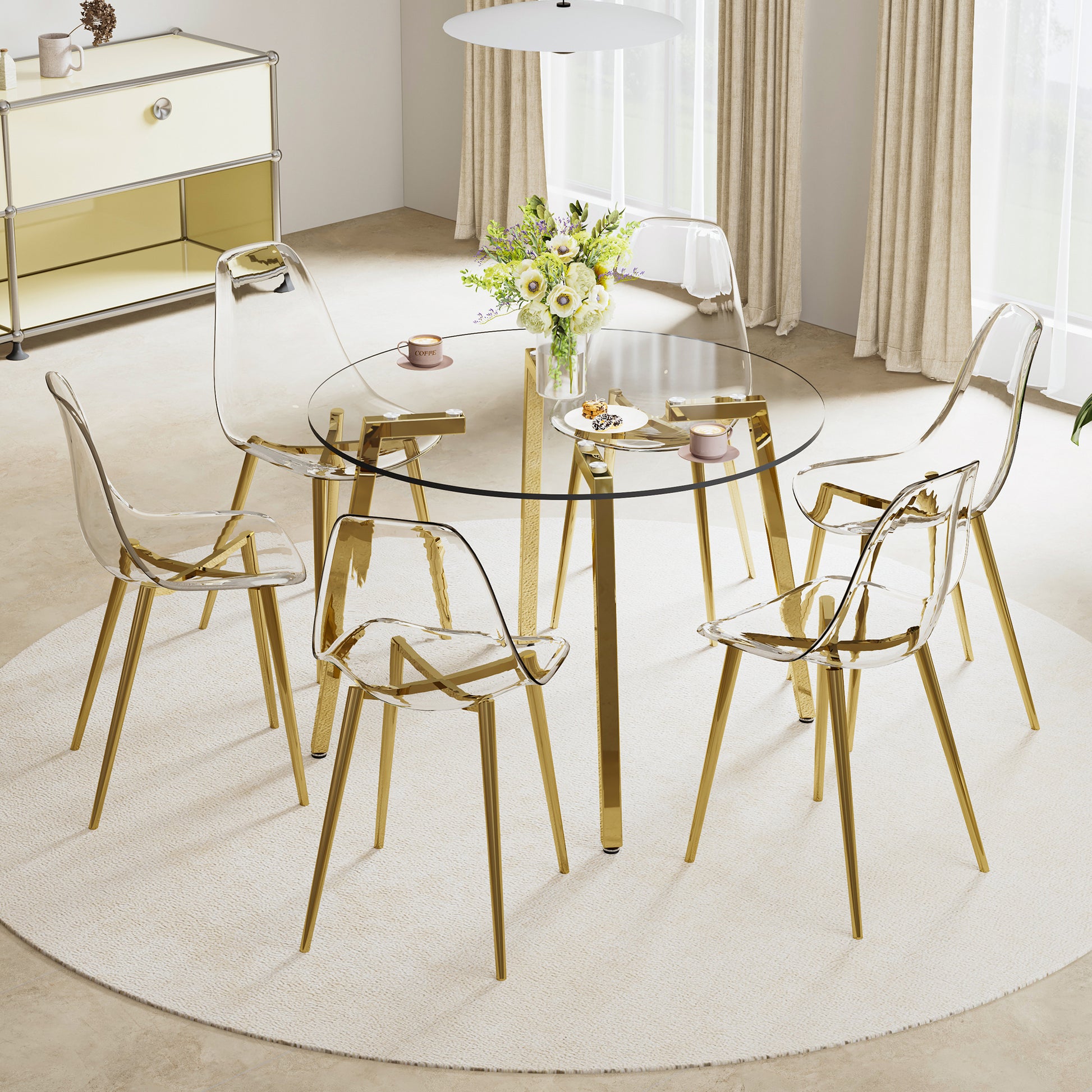 Modern Minimalist Style Circular Transparent Tempered Glass Table, Tempered Glass Tabletop, Golden Metal Legs, Suitable For Kitchen, Dining Room, And Living Room, 40 "* 40" * 29.5 "1123R Transparent Glass