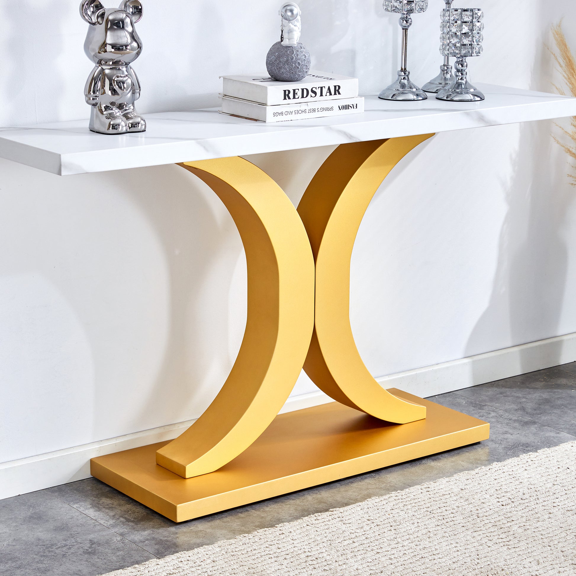 A Modern Minimalist Style Foyer Table With White Tabletop, Gold Bracket, And Bottom Plate, Enhancing The Beauty And Artistic Atmosphere Of The Home, Suitable For The Foyer Fxg White Gold Mdf