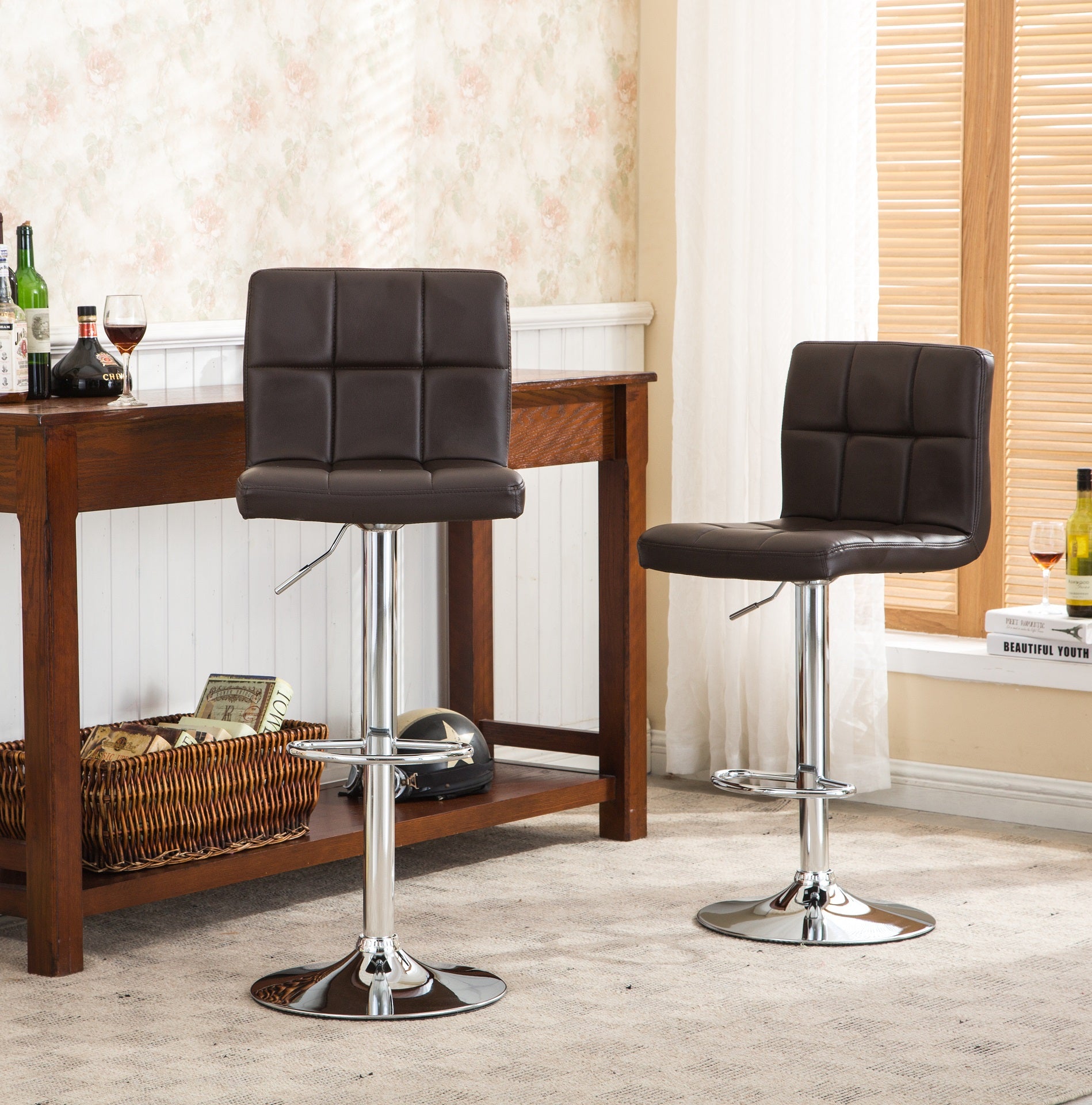 Swivel Faux Leather Adjustable Hydraulic Bar Stool, Set Of 2, Brown Brown Faux Leather