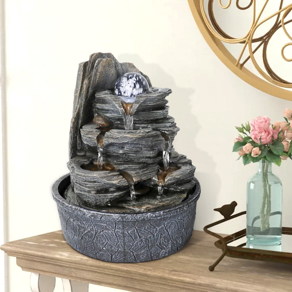 9.8Inches Indoor Tabletop Fountain Cascading Fountain With Led Light & Crystal Ball Gray Resin