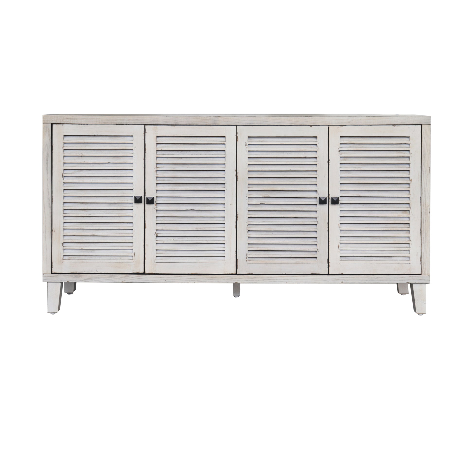 Accent Cabinet 4 Shutter Door Wooden Cabinet Sideboard Buffet Server Cabinet Storage Cabinet, For Living Room, Entryway, Hallway, Office, Kitchen And Dining Room, Distressed White White Washed Farmhouse,Shabby Chic Fir Solid Wood Mdf