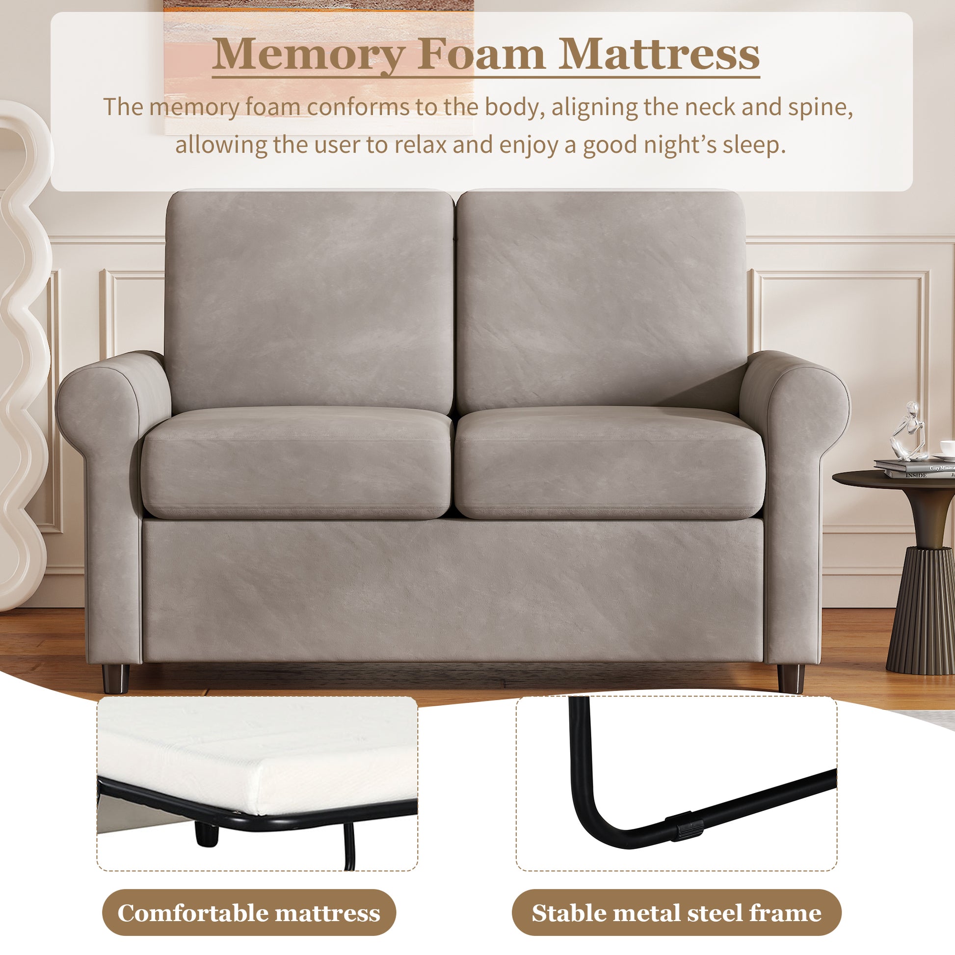 57.4" Pull Out Sofa Bed,Sleeper Sofa Bed With Premium Twin Size Mattress Pad,2 In 1 Pull Out Couch Bed With Two Usb Ports For Living Room,Small Apartment, Light Gray Old Sku:Wf296899 Light Gray Foam Velvet