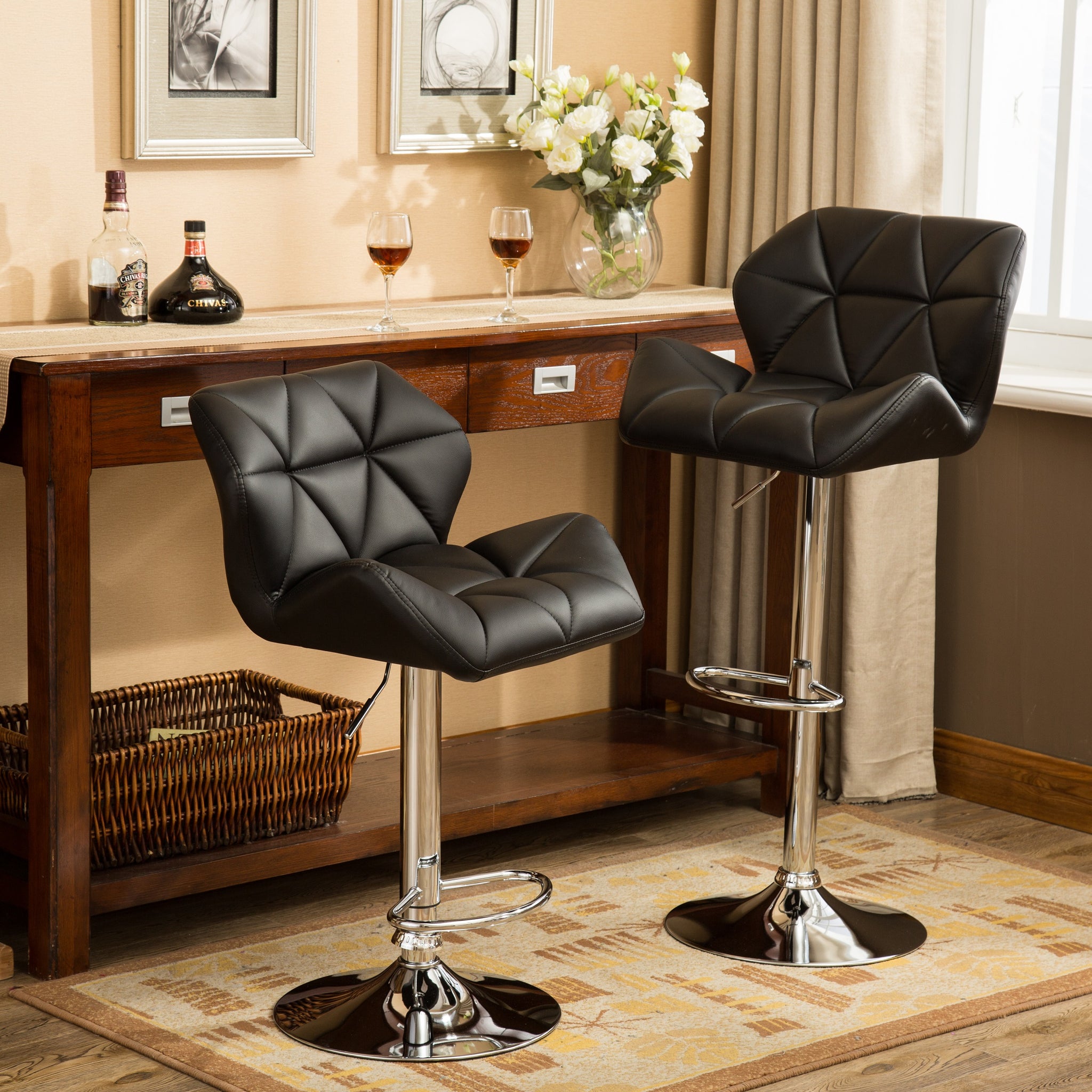 Glasgow Contemporary Tufted Adjustable Height Hidraulic Bar Stools, Set Of 2, Black Black Faux Leather