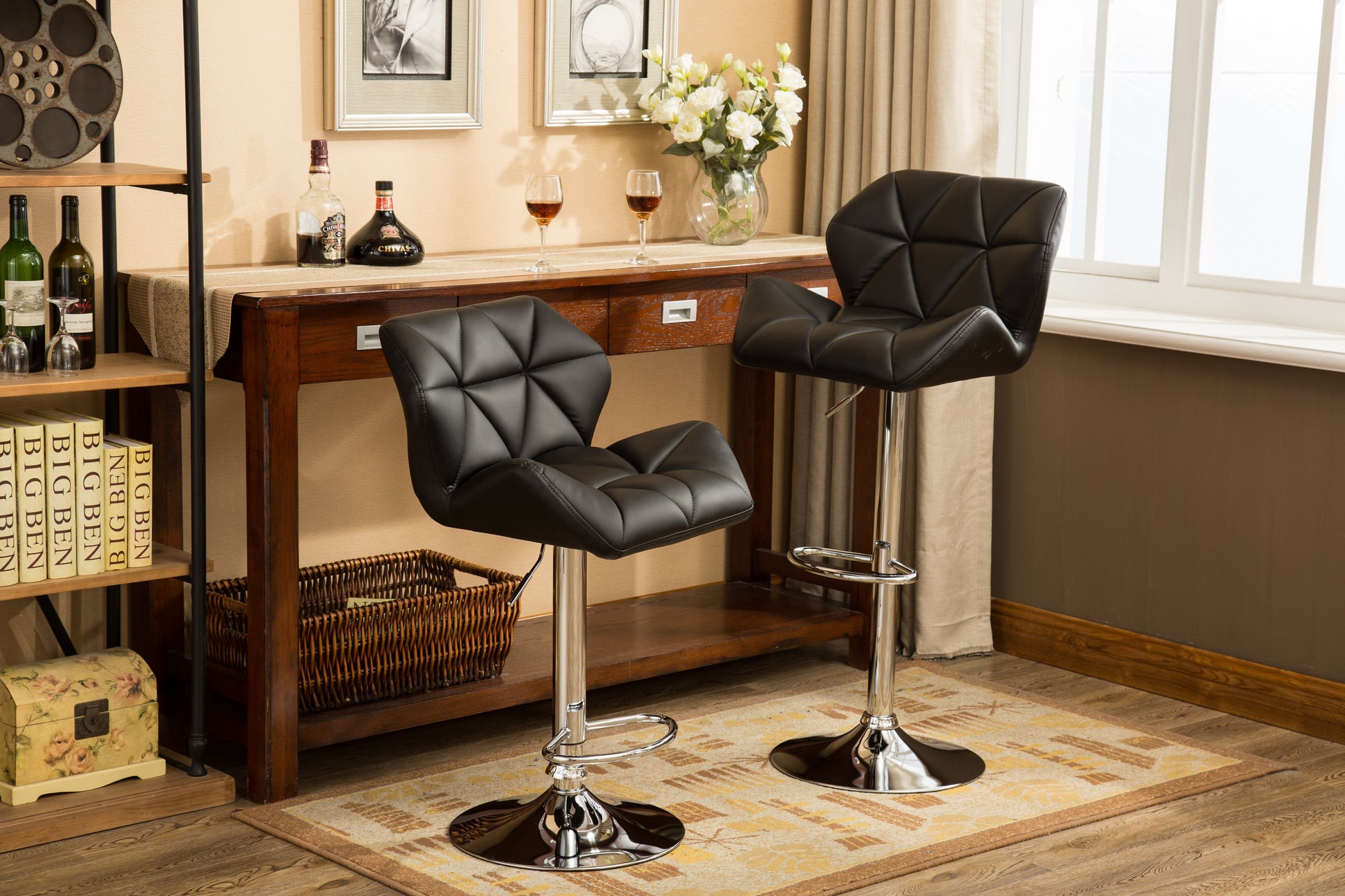 Glasgow Contemporary Tufted Adjustable Height Hidraulic Bar Stools, Set Of 2, Black Black Faux Leather