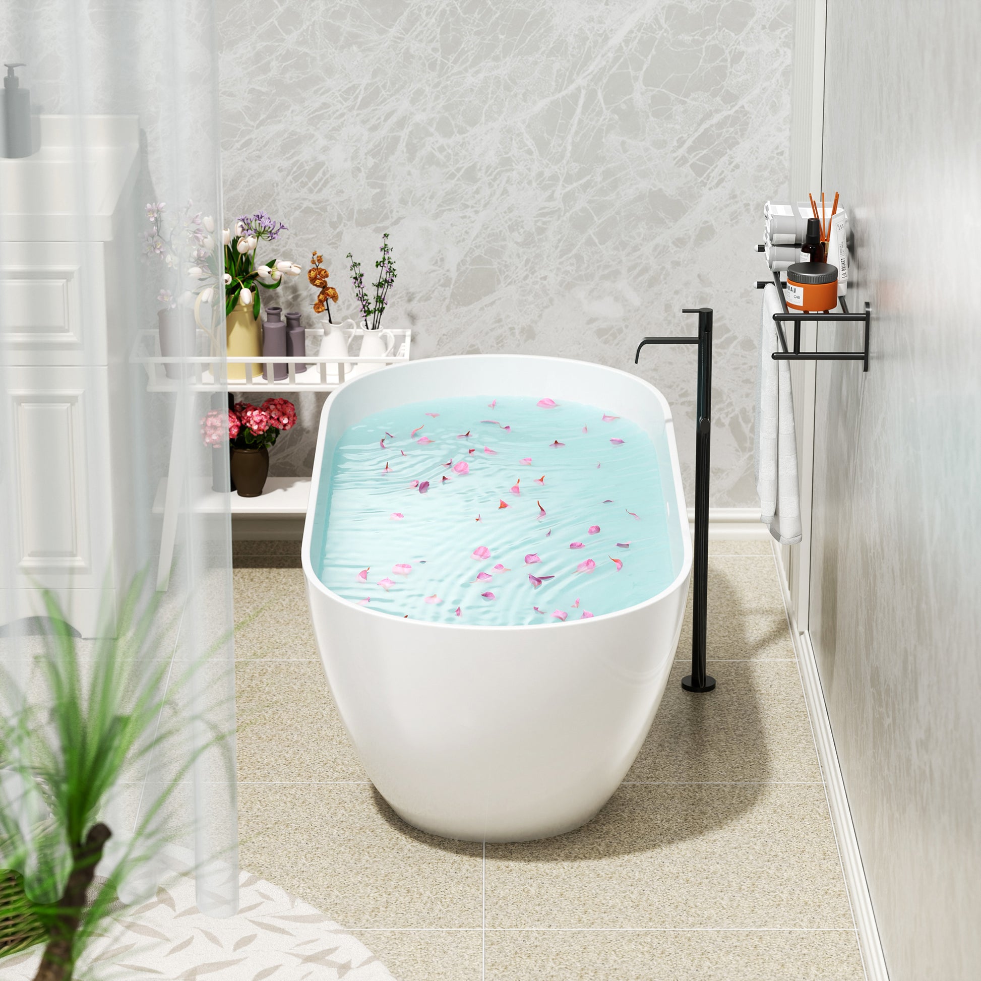 59" Freestanding Solid Surface Bathtub, Luxury Man Made Stone Resin Freestanding Soaking Bathtub With Overflow And Pop Up Drain For Contemporary Bathroom, Glossy White 22S03 59Gw White Solid Surface