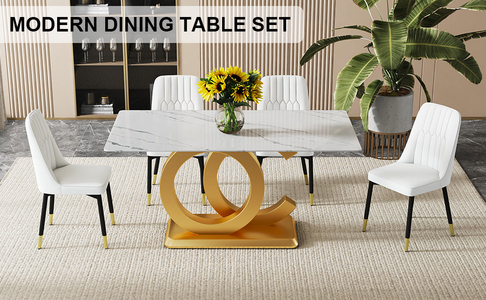 A Large Modern Minimalist Rectangular Dining Table Suitable For 6 8 People, A Set Of 4 Piece Pu Leather Backrest And Black Metal Legs Modern Dining Chairs. F Oc C 007 Gold Mdf Glass