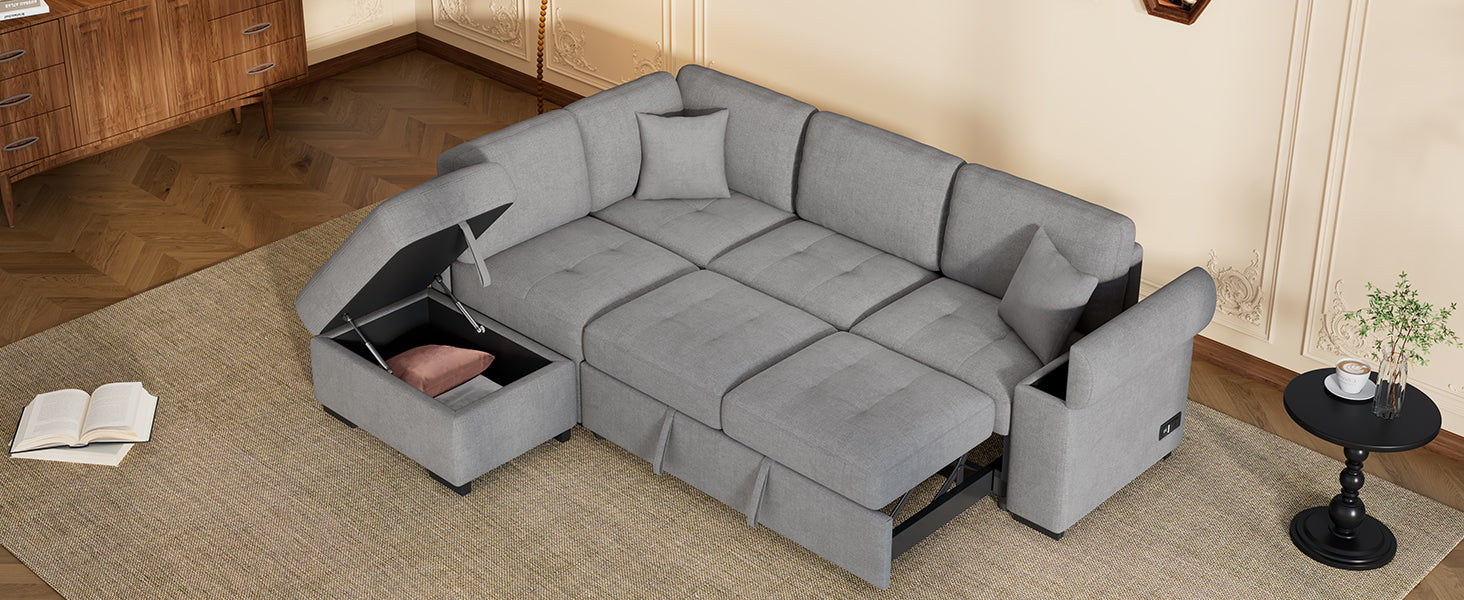 Sleeper Sectional Sofa, L Shape Corner Couch Sofa Bed With Storage Ottoman & Hidden Arm Storage & Usb Charge For Living Room Apartment, Gray Gray Velvet 4 Seat