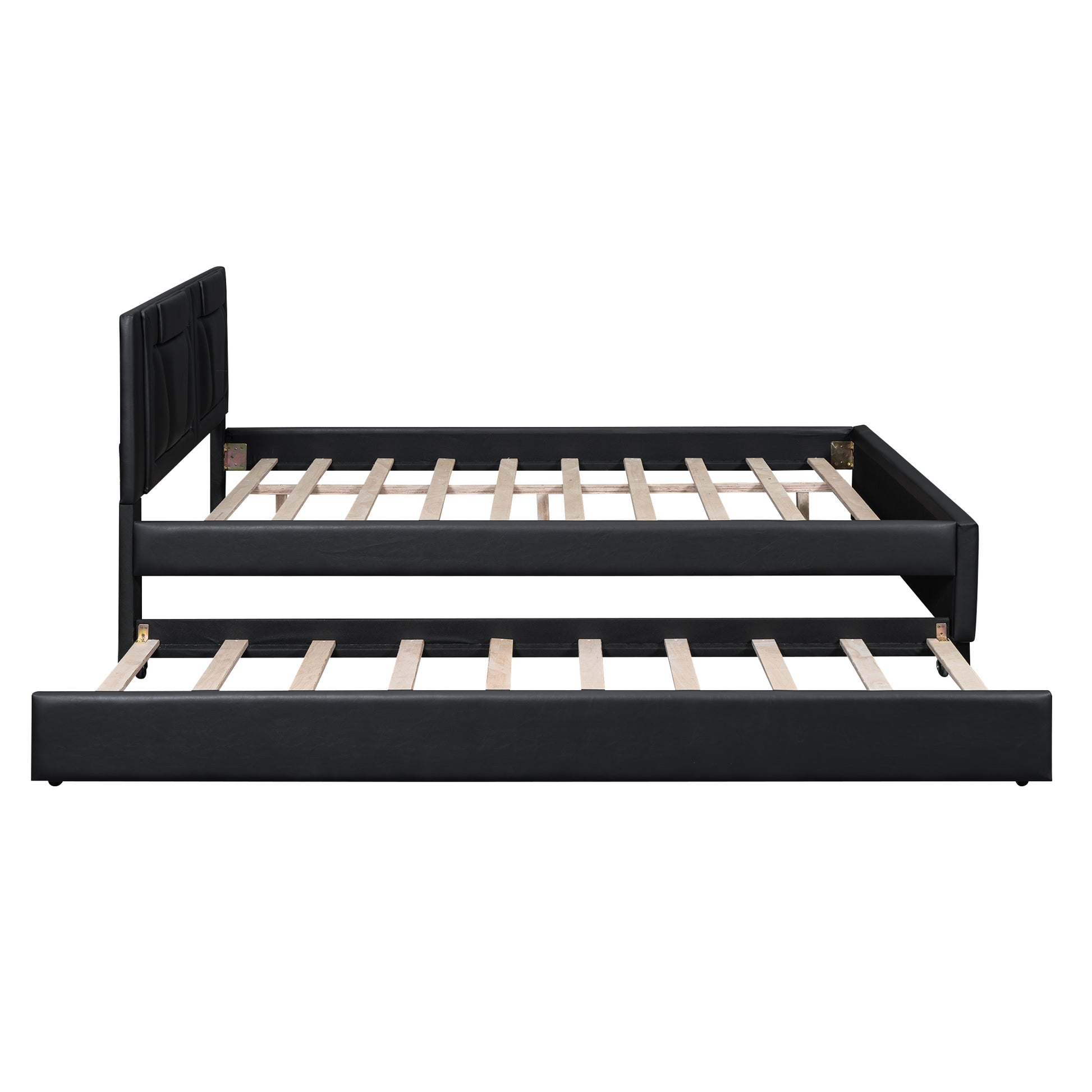 Queen Size Upholstered Platform Bed With Headboard And Twin Size Trundle, Black Box Spring Not Required Queen Black Bedroom Faux Leather Upholstered