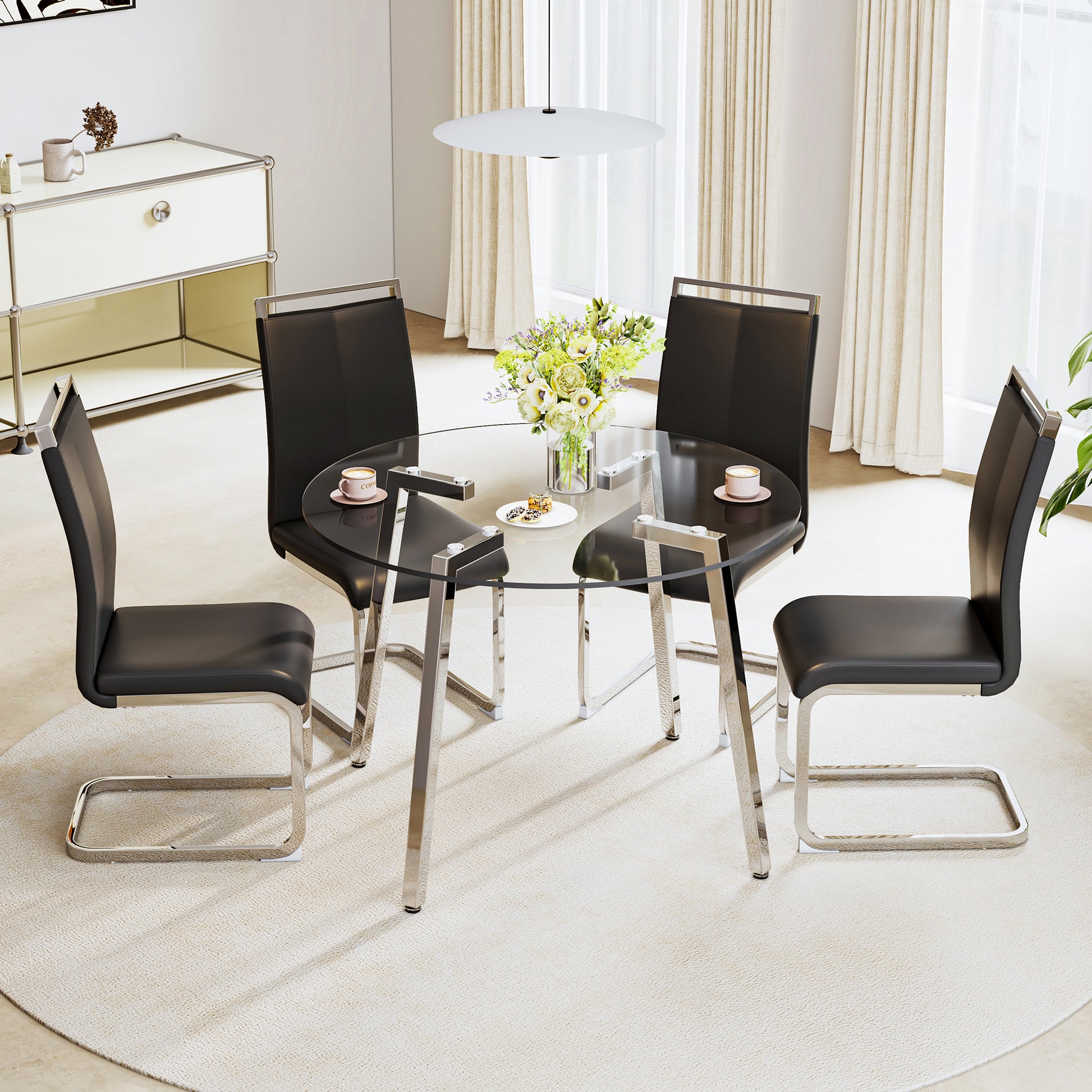 Modern Minimalist Style Circular Transparent Tempered Glass Table, Tempered Glass Tabletop, Silver Metal Table Legs, Suitable For Kitchen, Dining Room, And Living Room, 42 "* 42" * 29.5 "1123R Transparent Glass