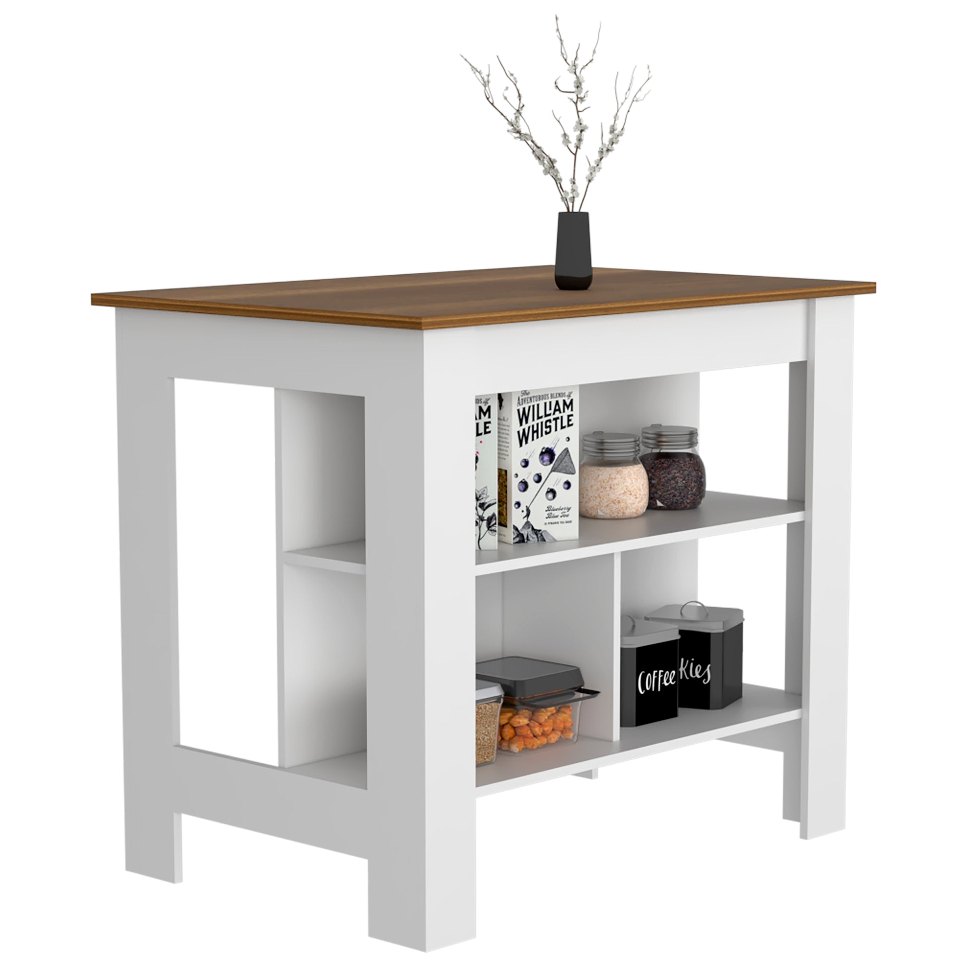 Kitchen Island, Kitchen Table 35" H, Four Legs, Three Open Storage Shelves, White Walnut Multicolor Particle Board Particle Board