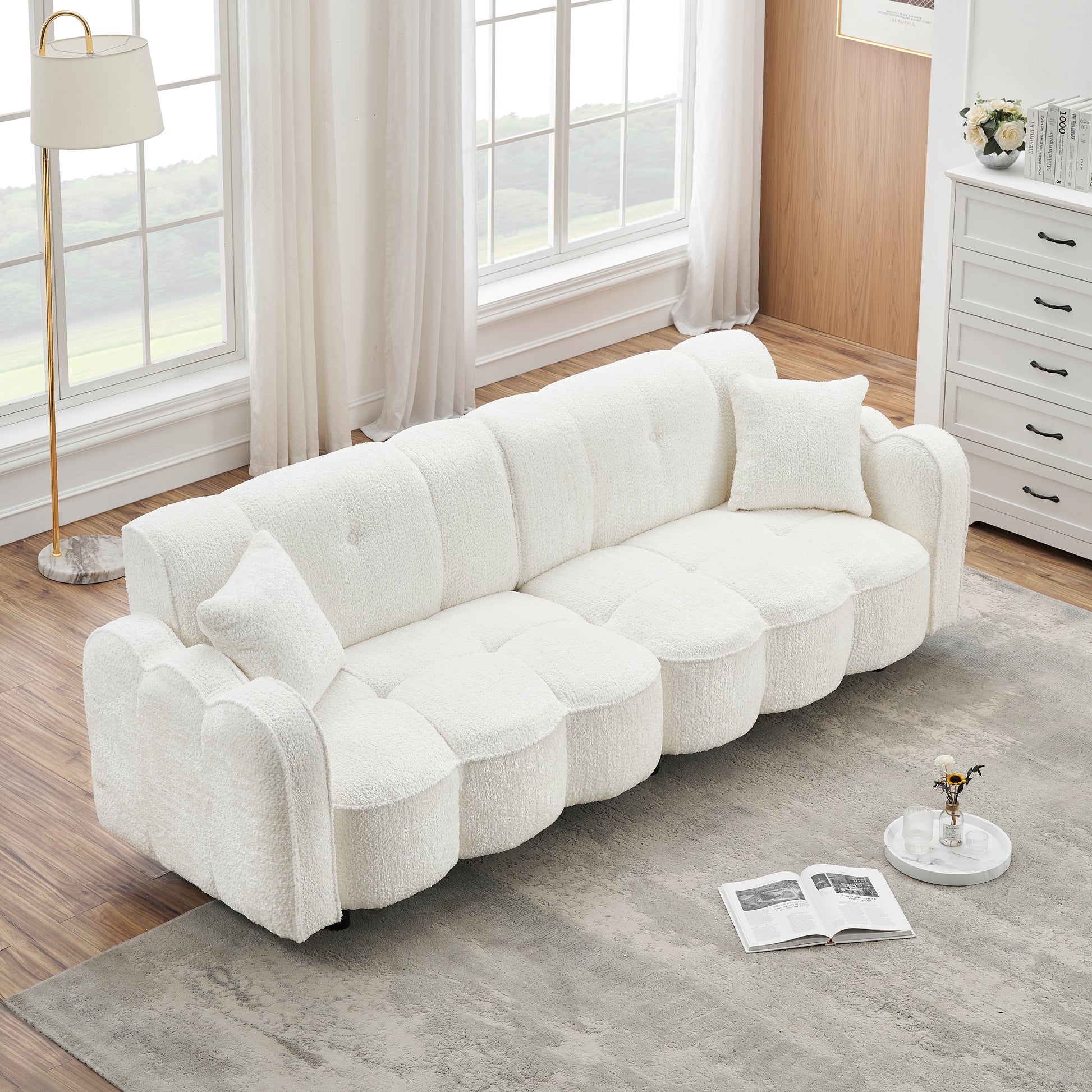 96.06 Inch Large Teddy Plush Sofa For Living Room And Entertainment Space. White Brown Velvet Wood Primary Living Space Medium Soft Loose Back Contemporary Eucalyptus Pillow Top Arms Foam Foam 3 Seat