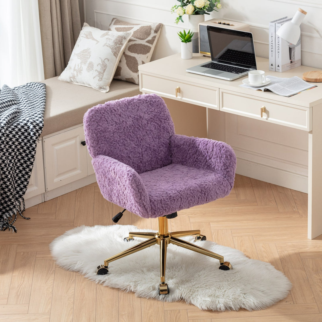 Office Chair,Artificial Rabbit Hair Home Office Chair With Golden Metal Base,Adjustable Desk Chair Swivel Office Chair,Vanity Chair Violet Violet Bedroom Foam Velvet